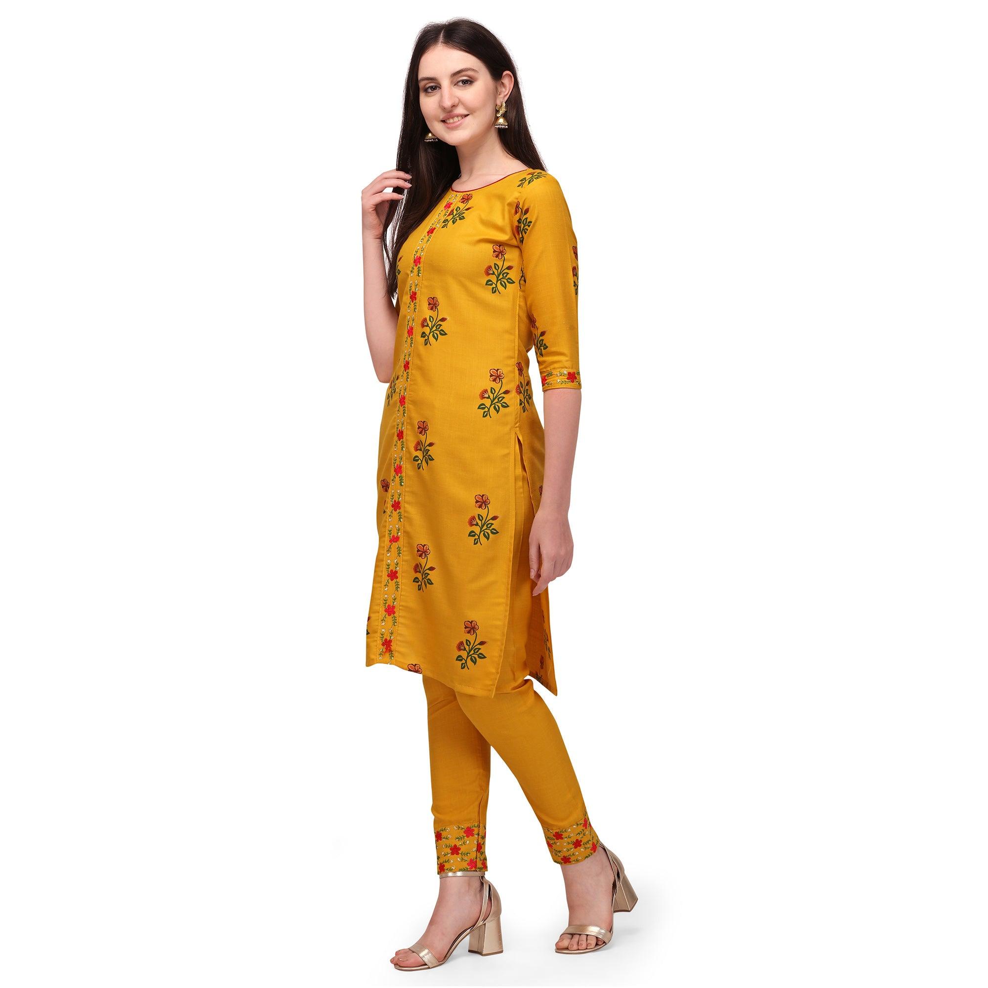 Yellow Casual Wear Printed & Embroidered Ruby Cotton Kurti Pant Set - Peachmode