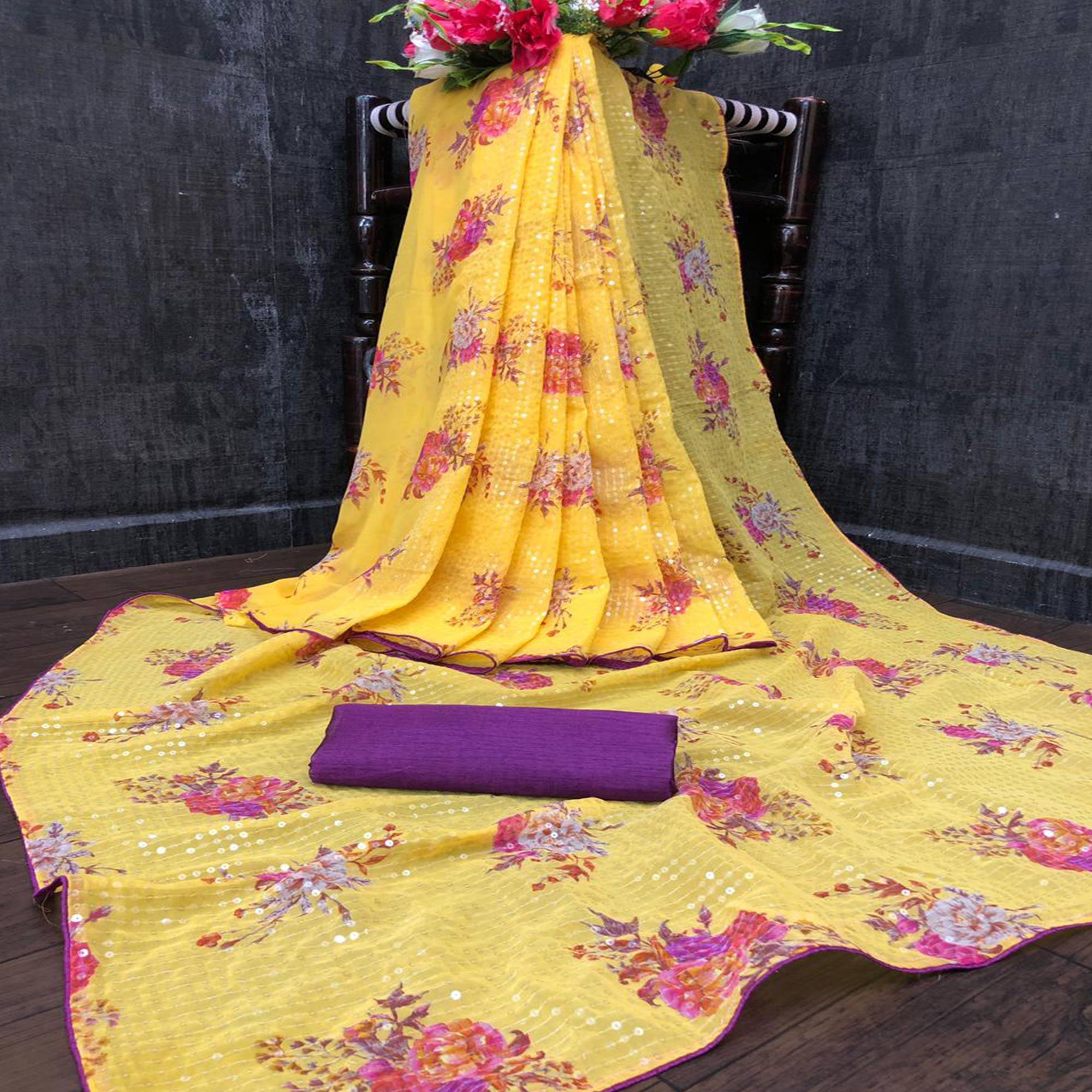 Yellow Casual Wear Printed & Sequence Work Heavy Georgette Saree - Peachmode