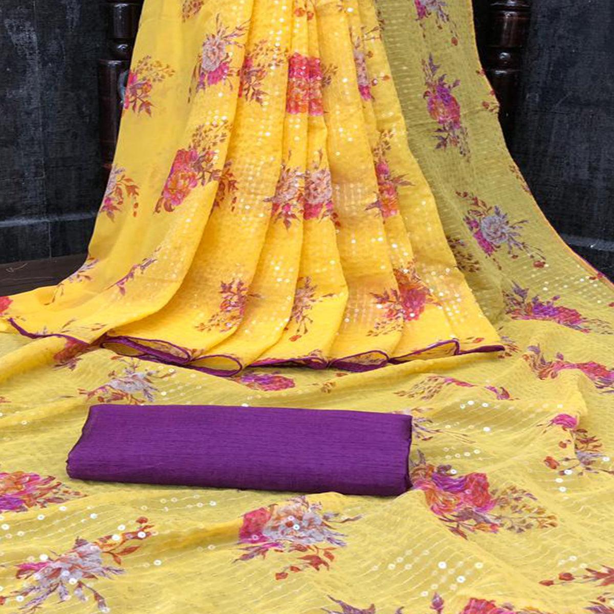 Yellow Casual Wear Printed & Sequence Work Heavy Georgette Saree - Peachmode