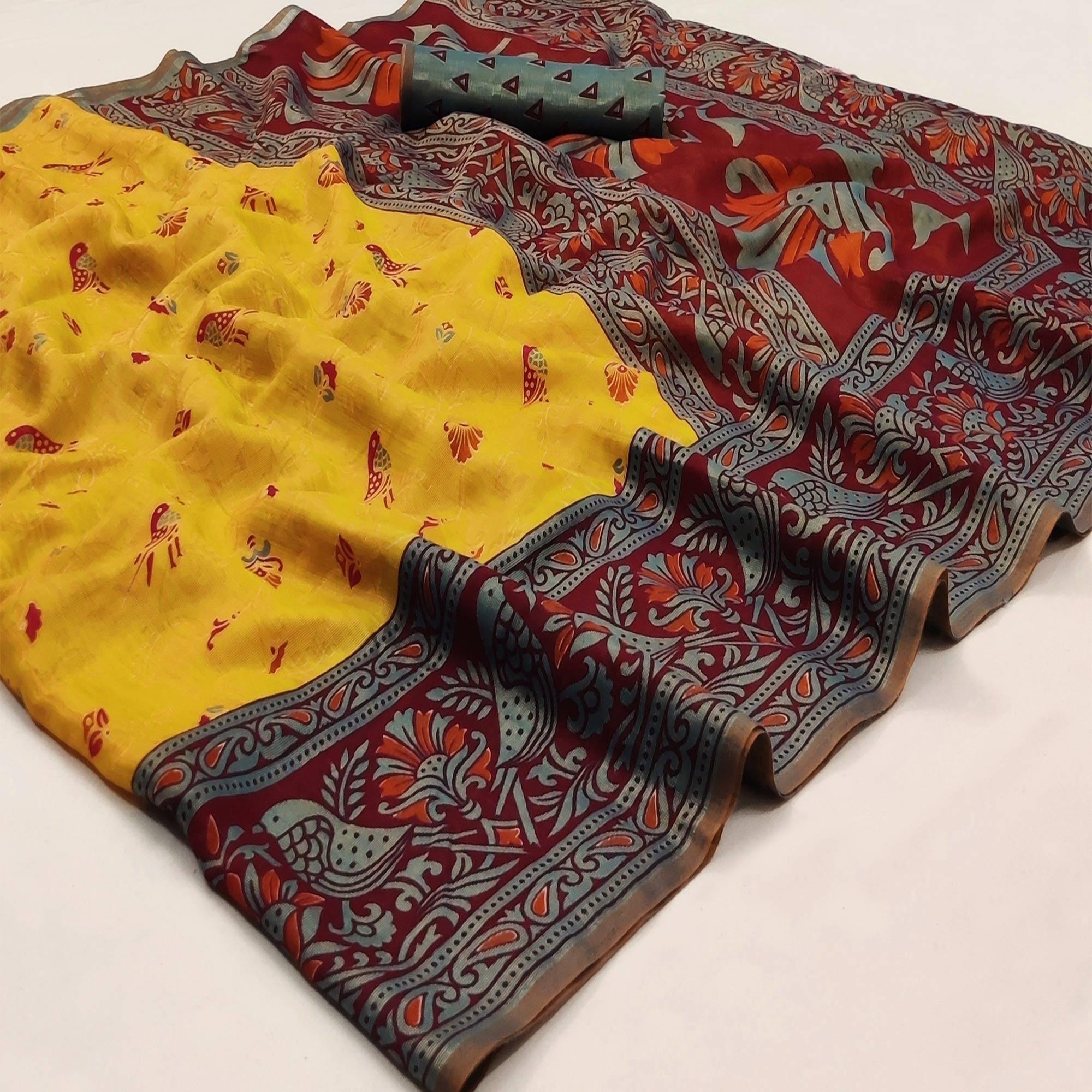 Yellow Casual Wear Printed Art Silk Saree - Peachmode