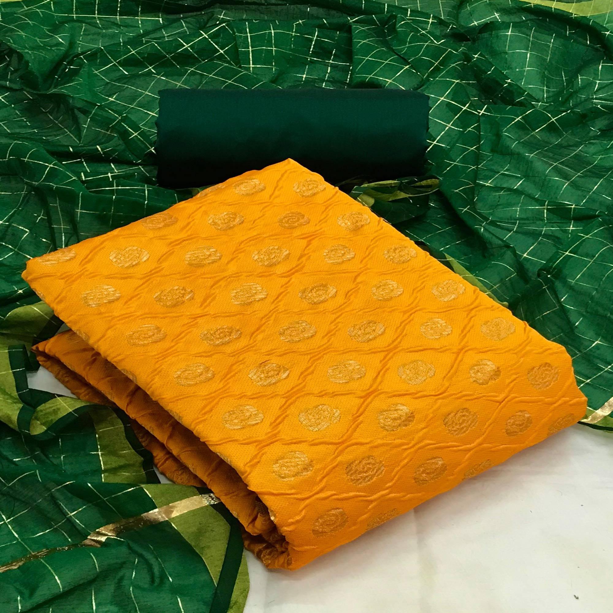 Yellow Casual Wear Printed Banarasi Silk Dress Material - Peachmode