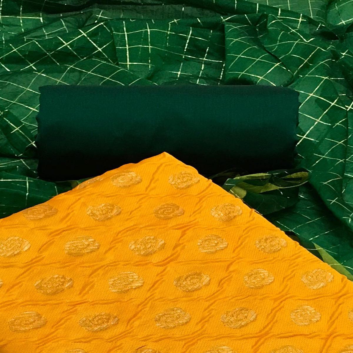 Yellow Casual Wear Printed Banarasi Silk Dress Material - Peachmode