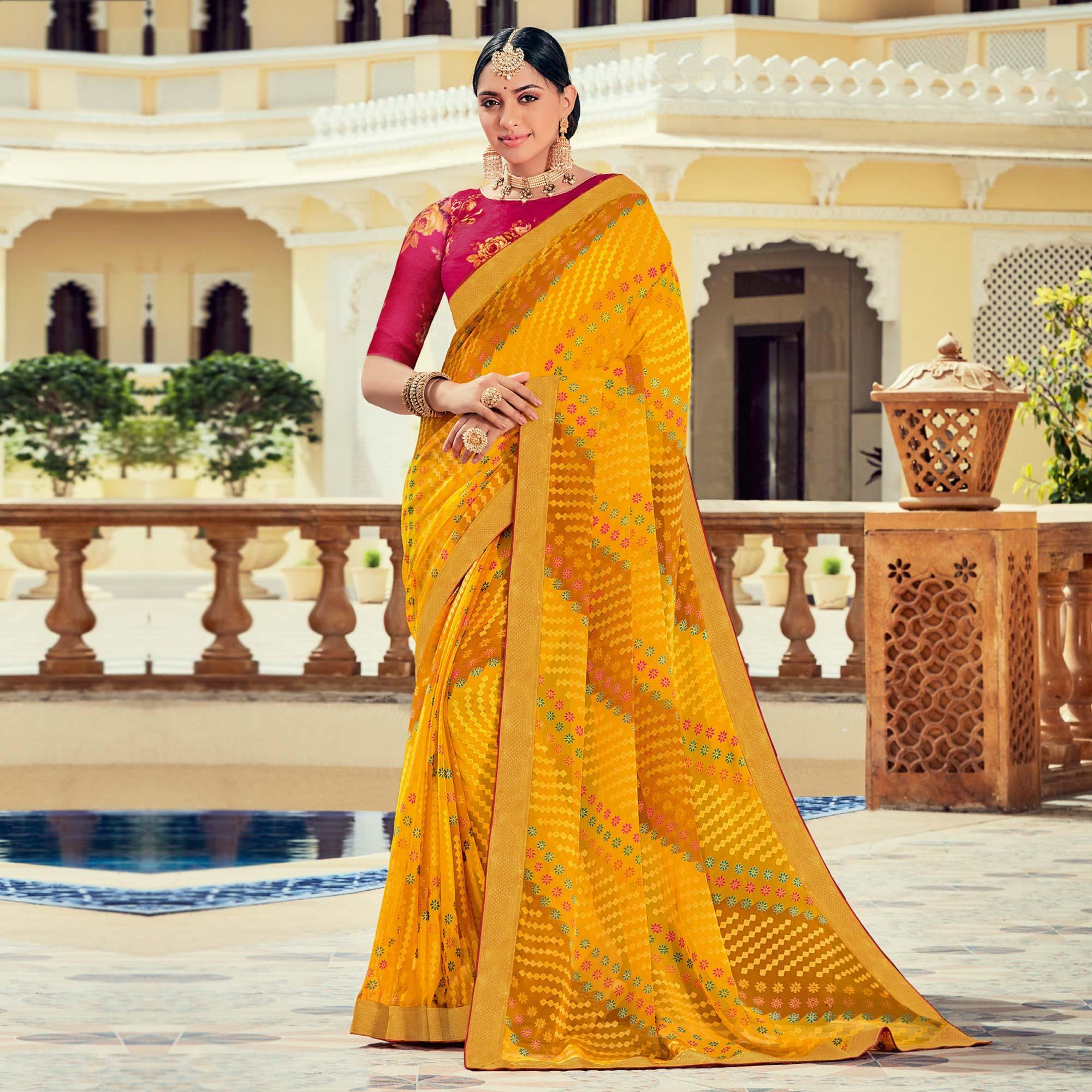 Yellow Casual Wear Printed Brasso Saree - Peachmode