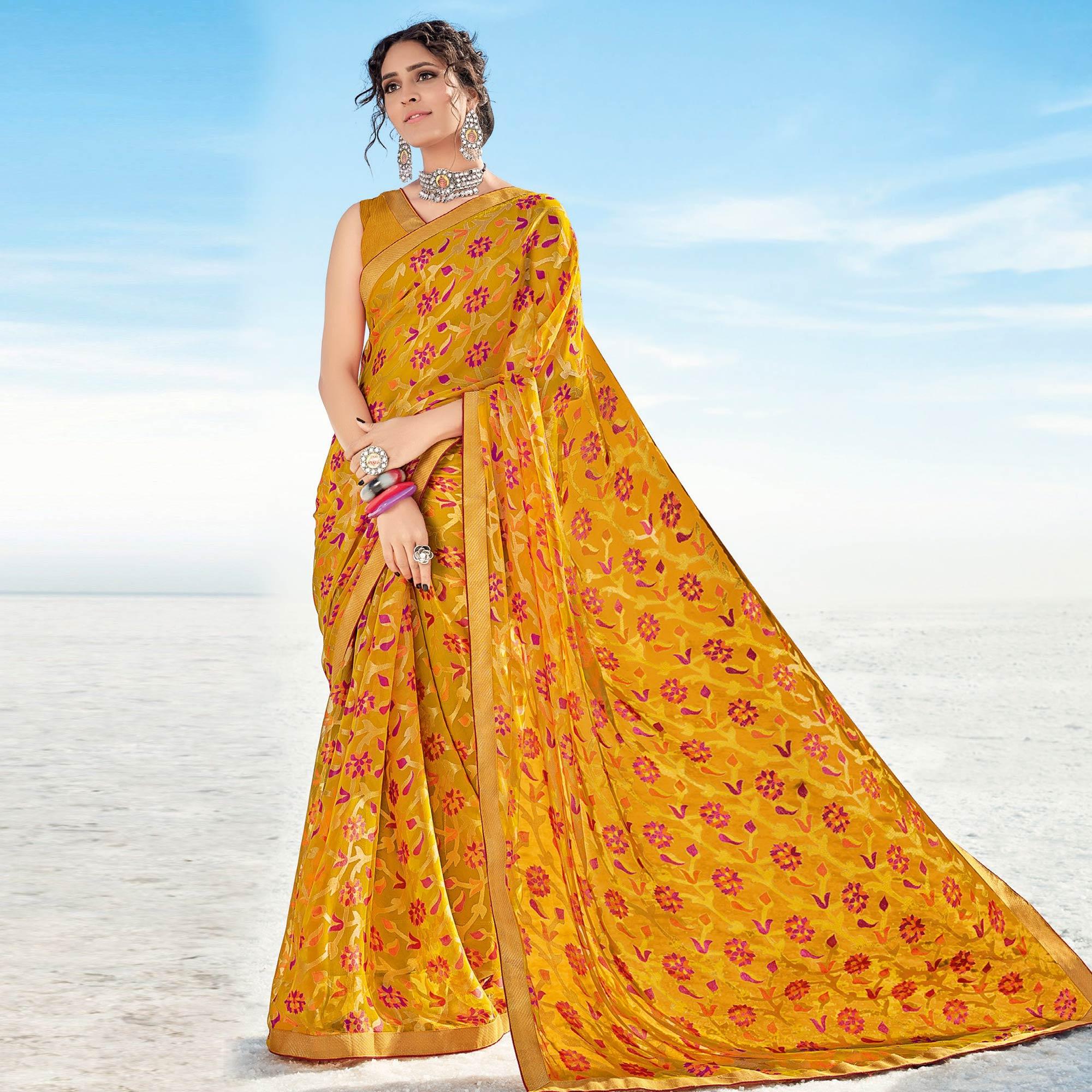Yellow  Casual Wear Printed Brasso Saree - Peachmode