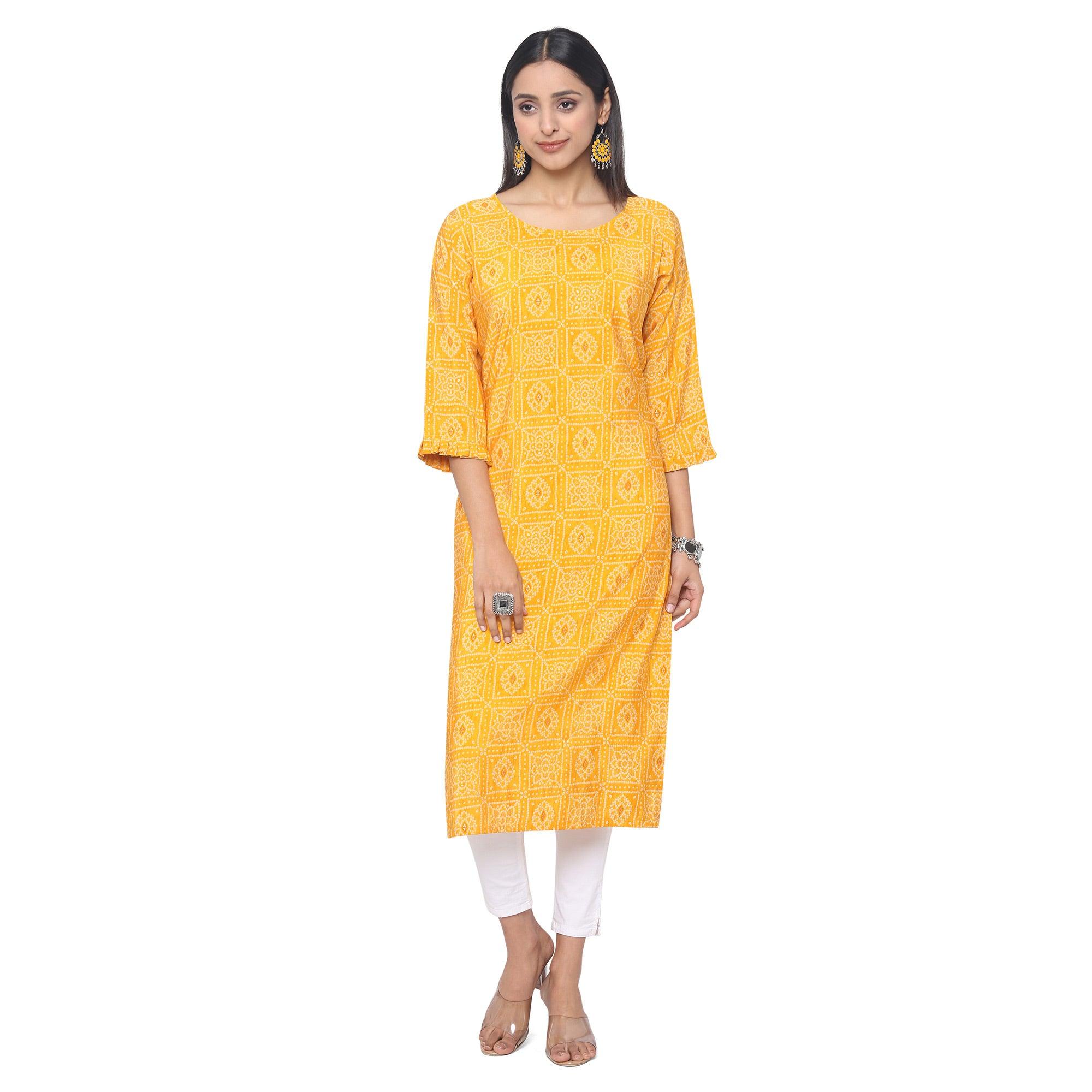 Yellow Casual Wear Printed Chanderi Silk Kurti - Peachmode