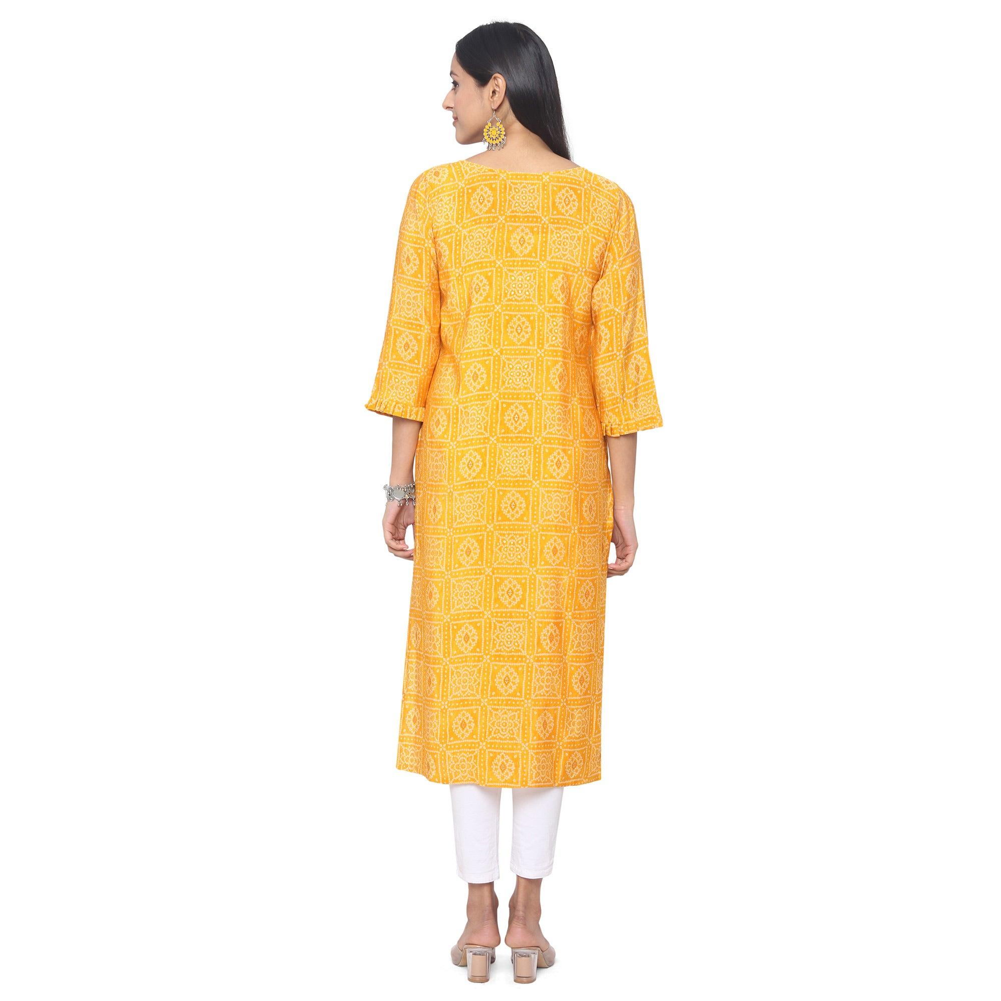 Yellow Casual Wear Printed Chanderi Silk Kurti - Peachmode