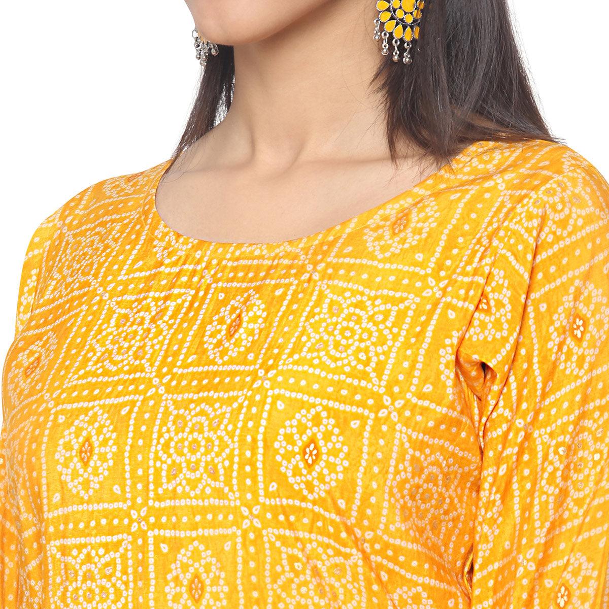 Yellow Casual Wear Printed Chanderi Silk Kurti - Peachmode