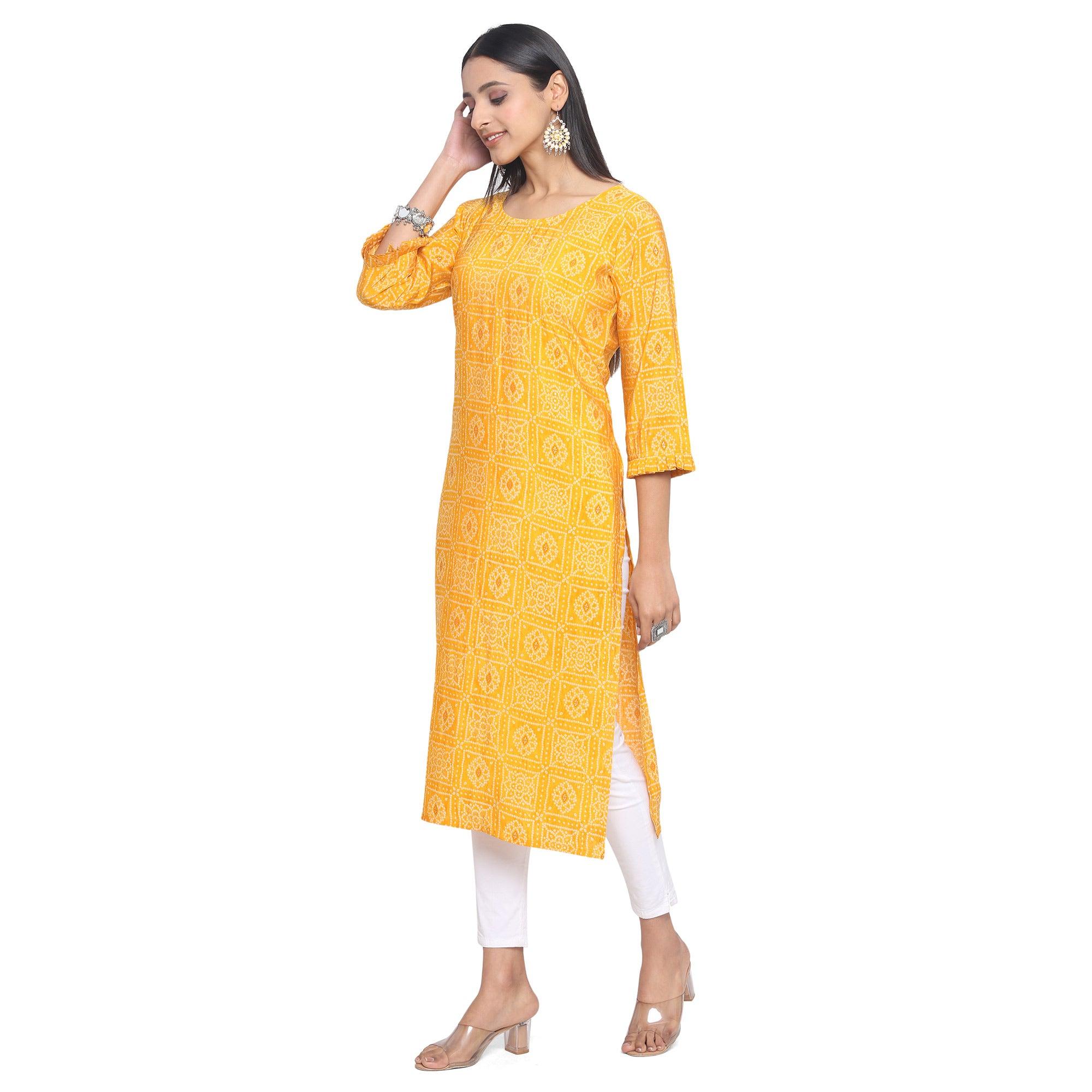 Yellow Casual Wear Printed Chanderi Silk Kurti - Peachmode