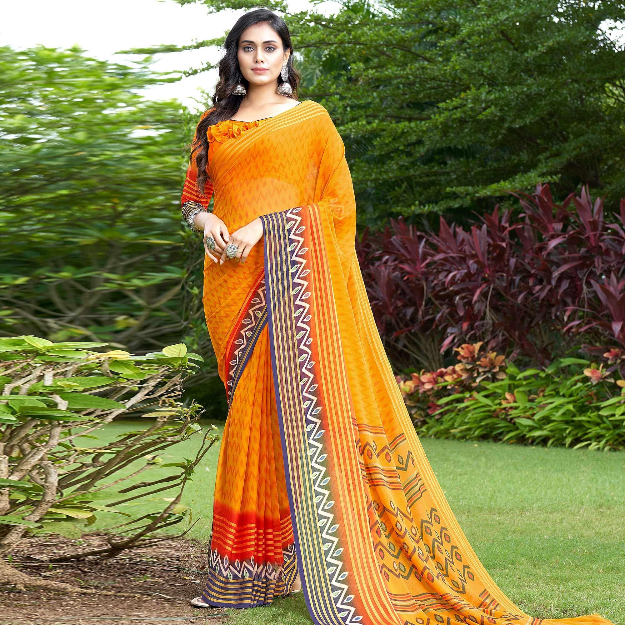 Yellow Casual Wear Printed Chiffon Saree - Peachmode