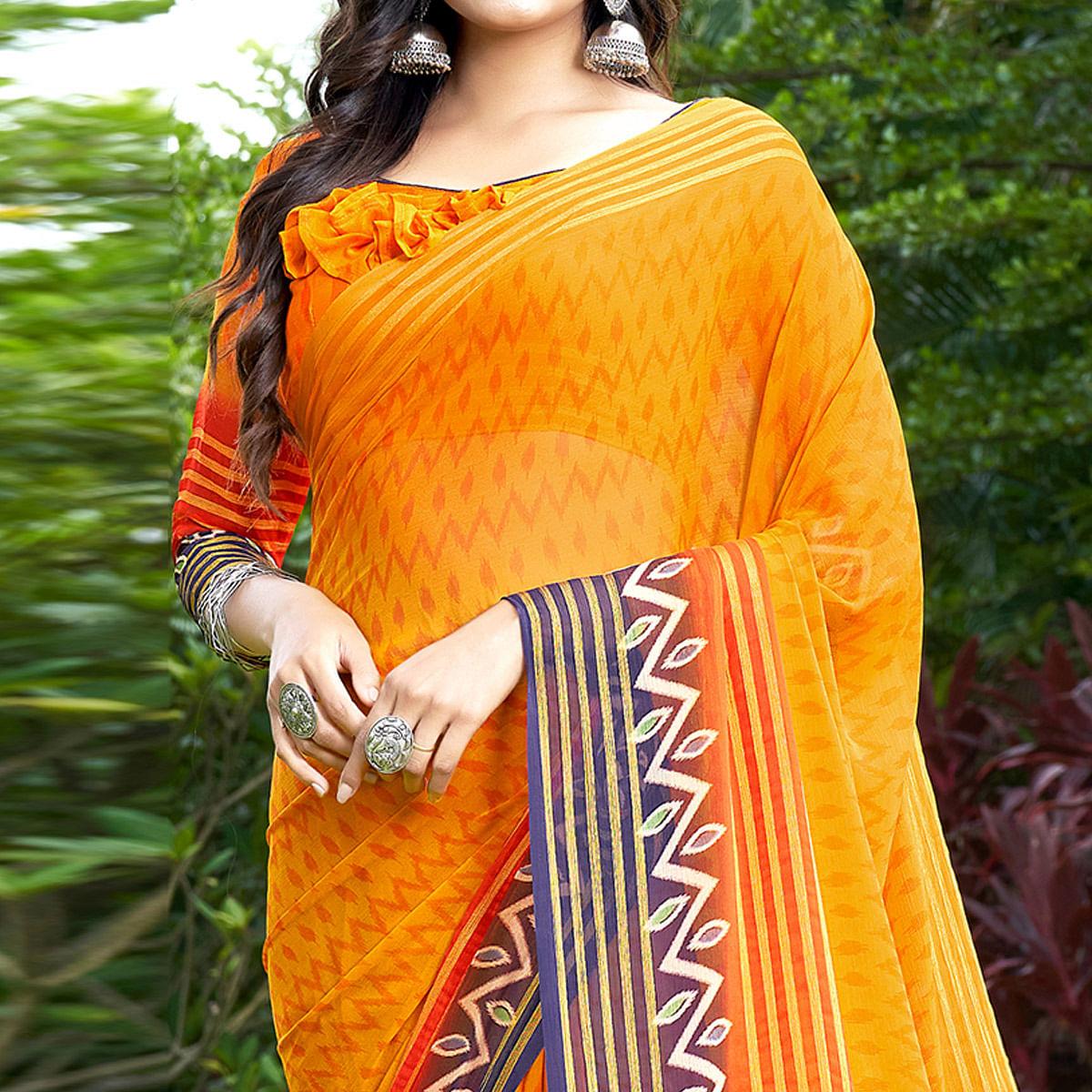 Yellow Casual Wear Printed Chiffon Saree - Peachmode