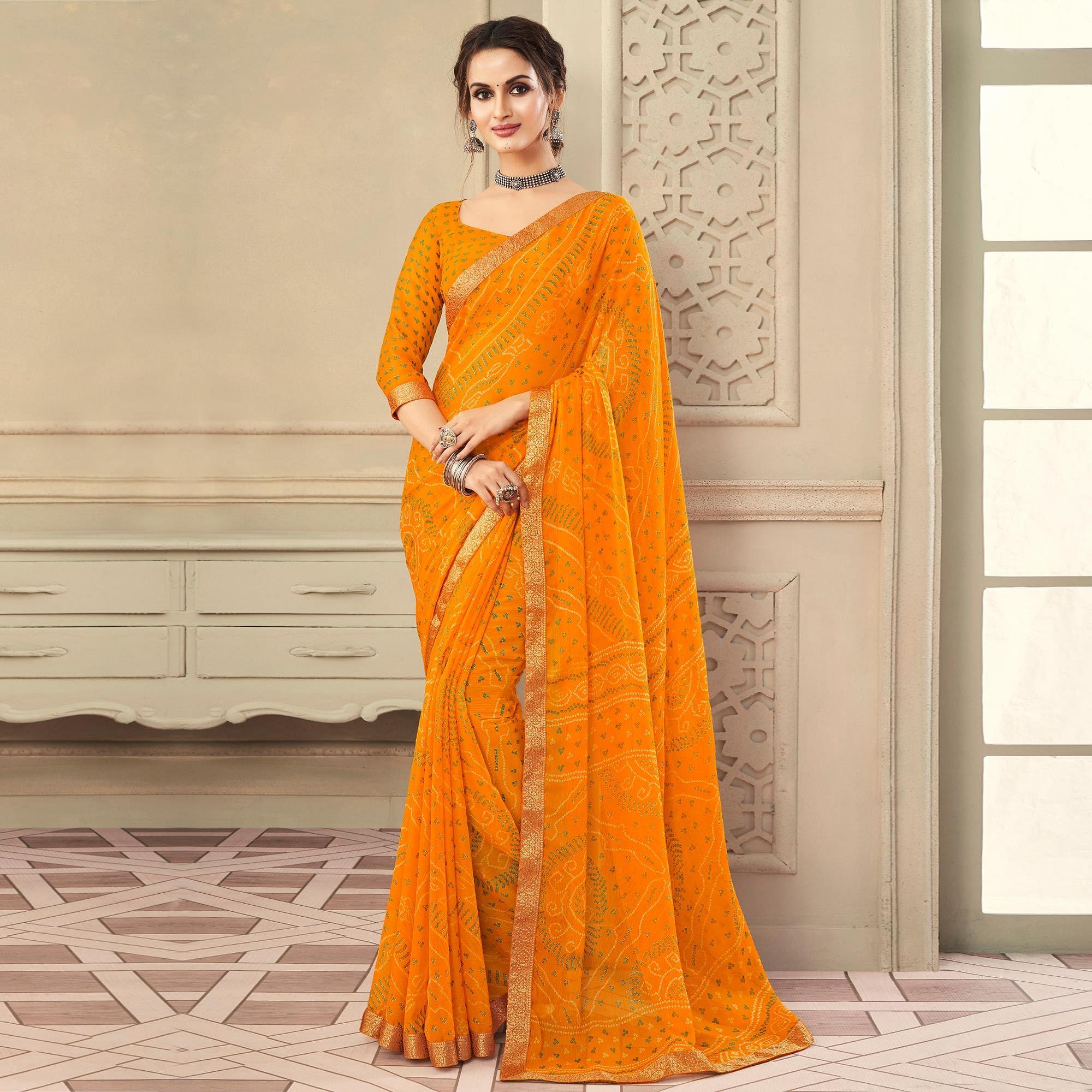 Yellow Casual Wear Printed Chiffon Saree with Banarasi Border - Peachmode