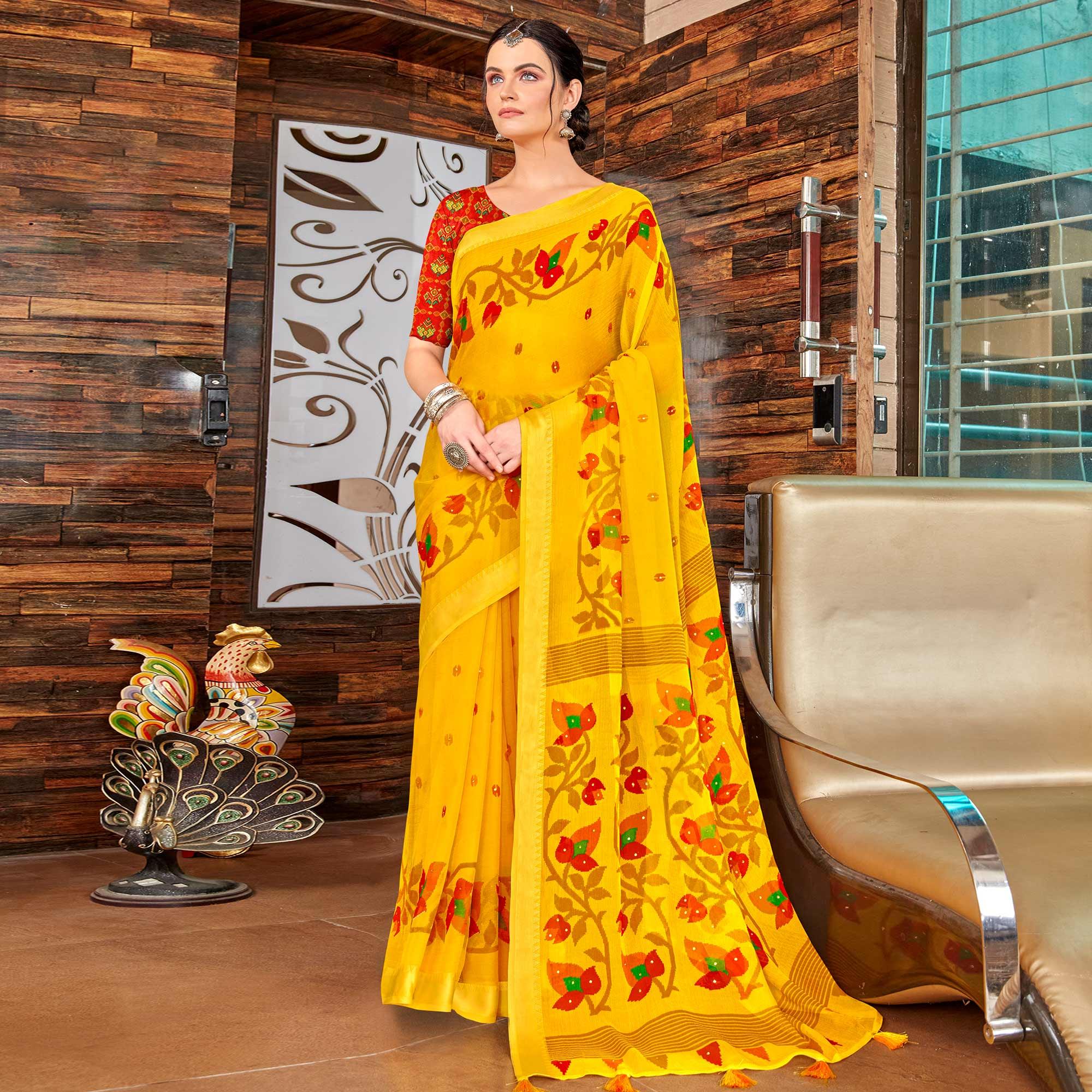 Yellow Casual Wear Printed Chiffon Saree With Jacquard Border - Peachmode
