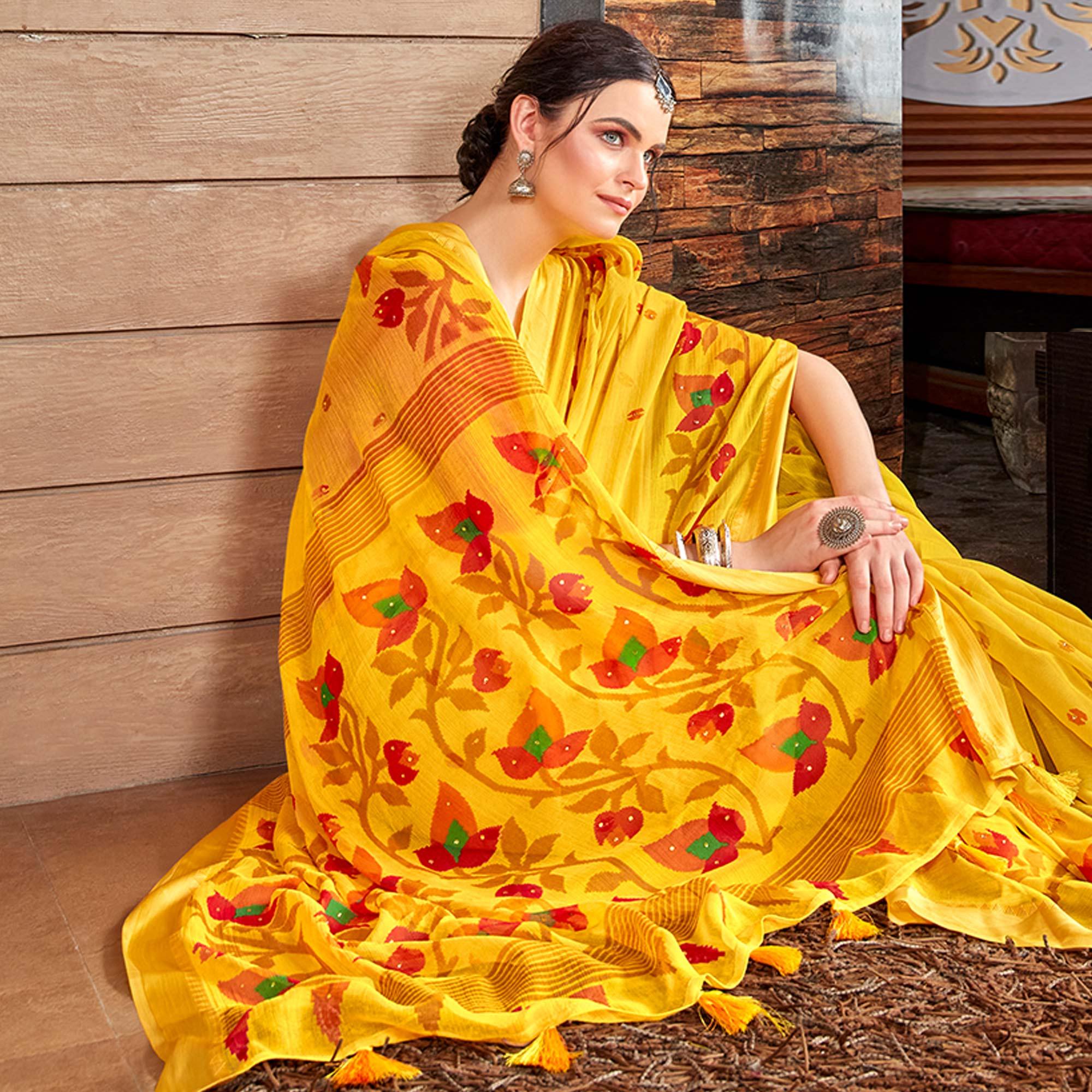 Yellow Casual Wear Printed Chiffon Saree With Jacquard Border - Peachmode