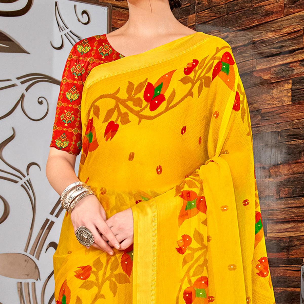 Yellow Casual Wear Printed Chiffon Saree With Jacquard Border - Peachmode