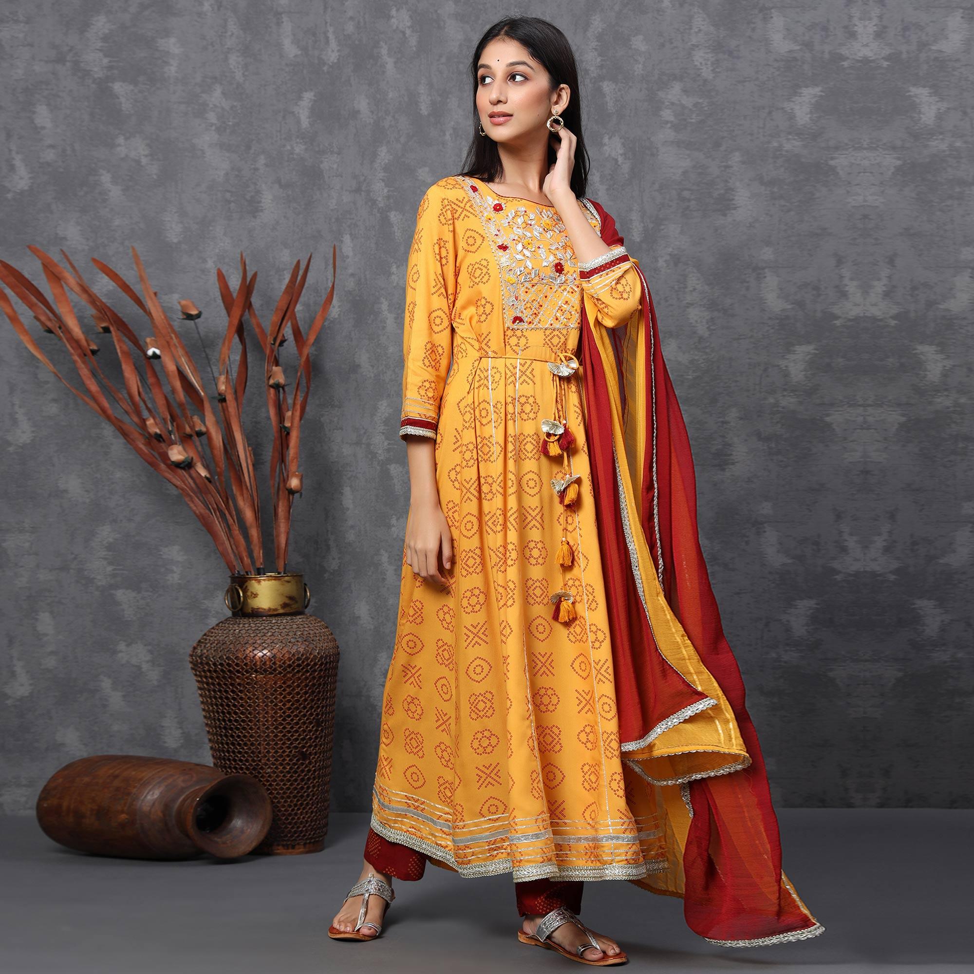Yellow Casual Wear Printed Cotton Anarkali Suit - Peachmode