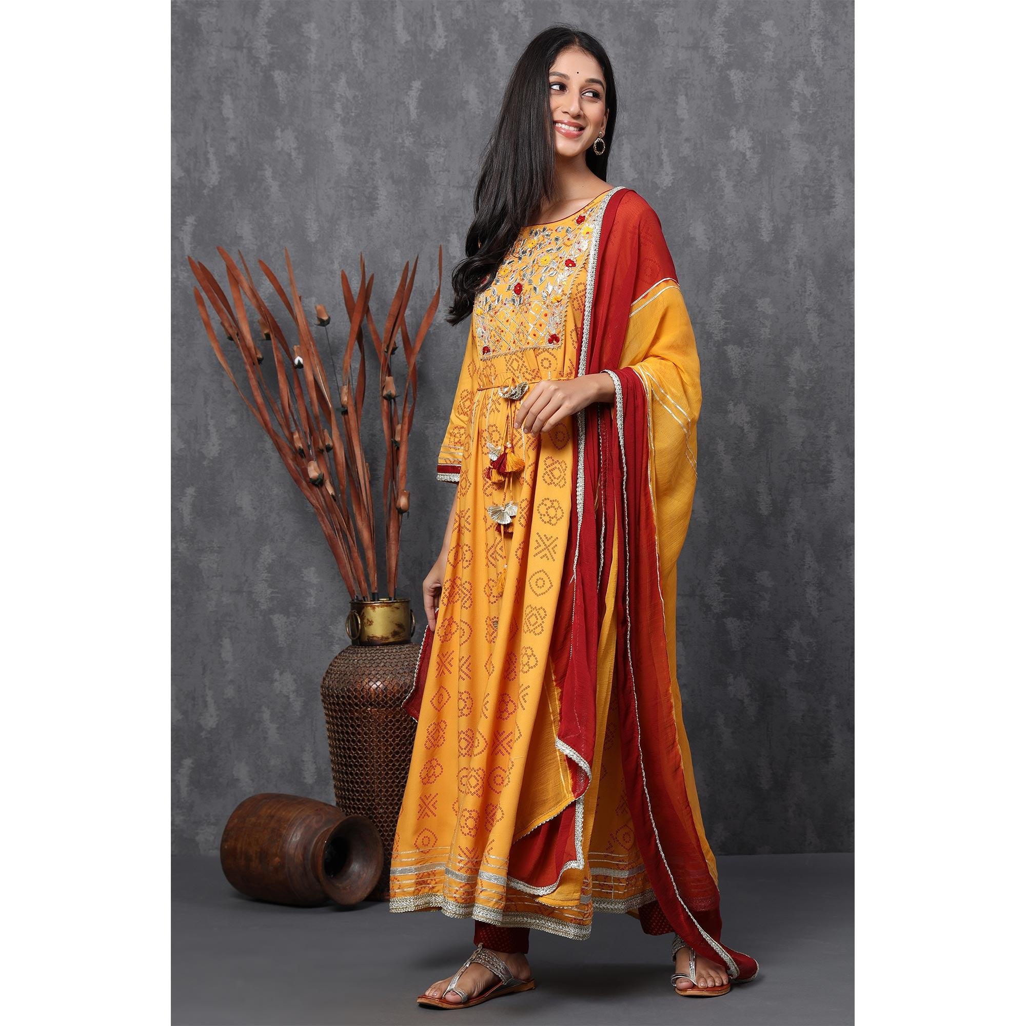 Yellow Casual Wear Printed Cotton Anarkali Suit - Peachmode