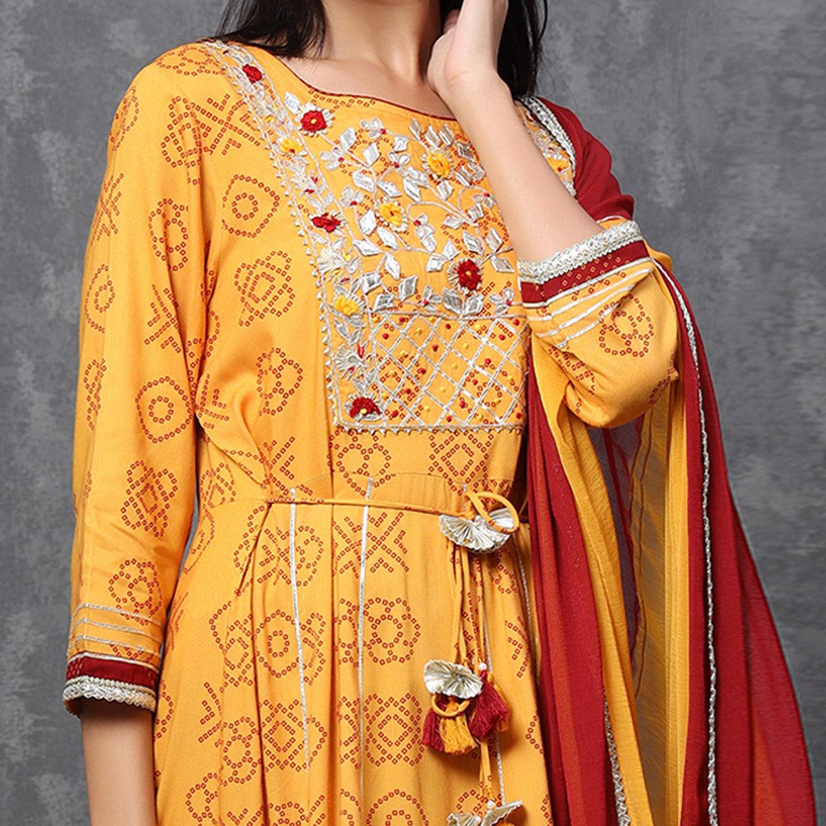Yellow Casual Wear Printed Cotton Anarkali Suit - Peachmode
