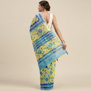 Yellow Casual Wear Printed Cotton Blend Saree With Tassels - Peachmode