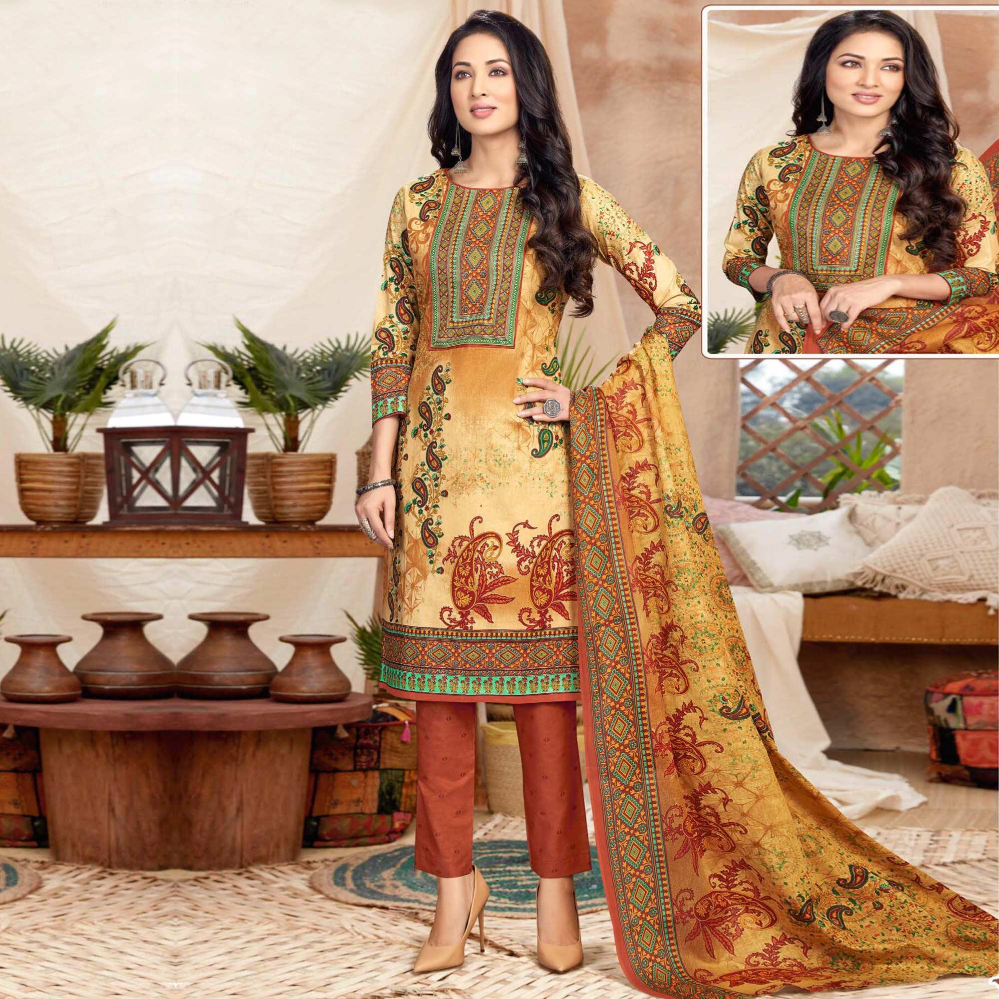 Yellow Casual Wear Printed Cotton Dress Material - Peachmode