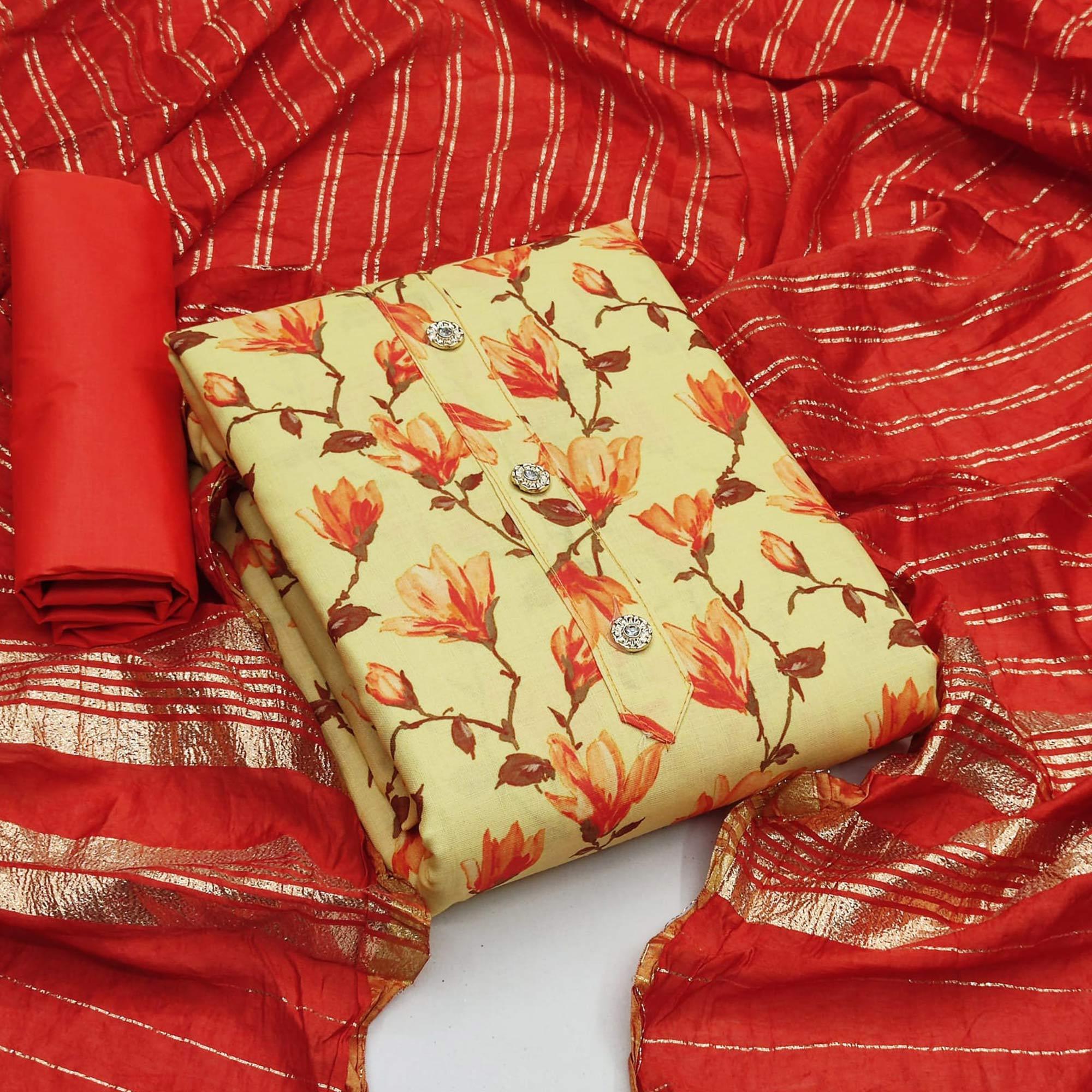 Yellow Casual Wear printed Cotton Dress Material - Peachmode