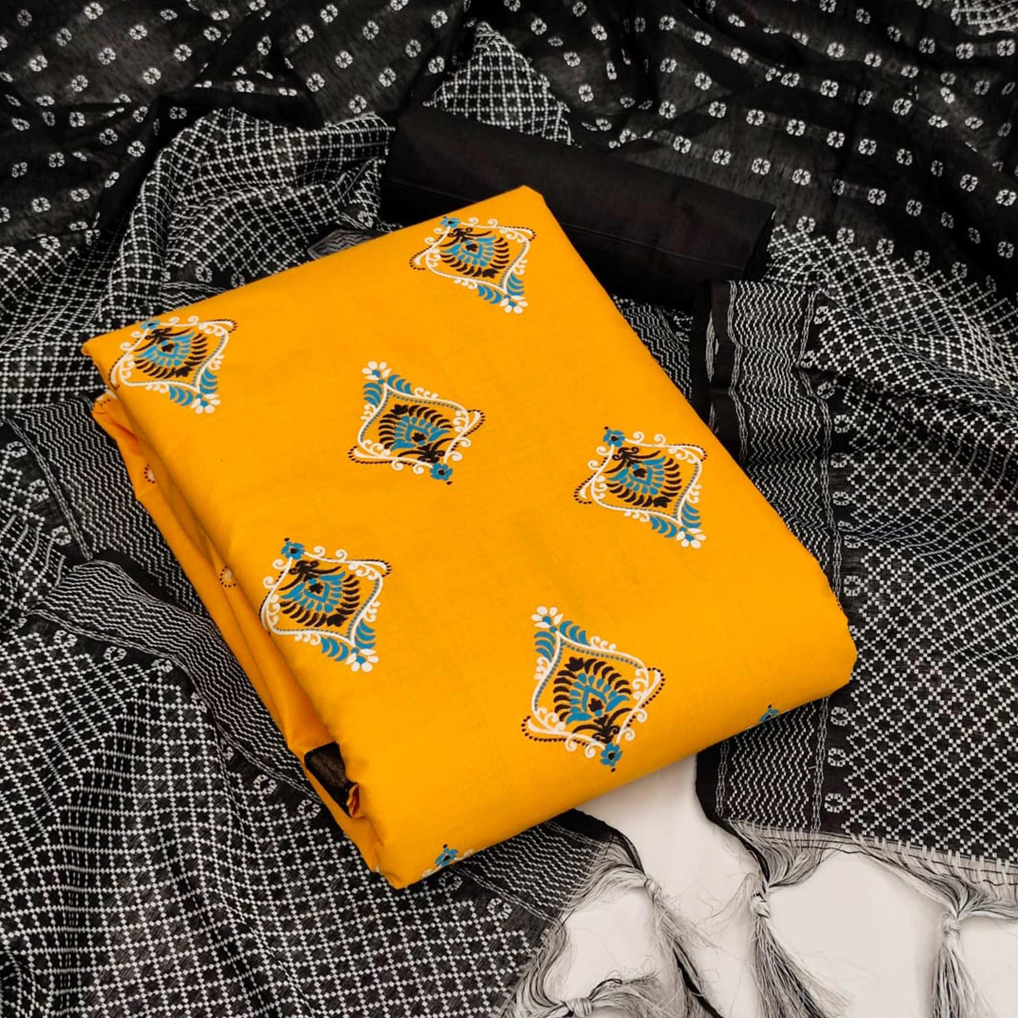 Yellow Casual Wear Printed Cotton Dress Material - Peachmode
