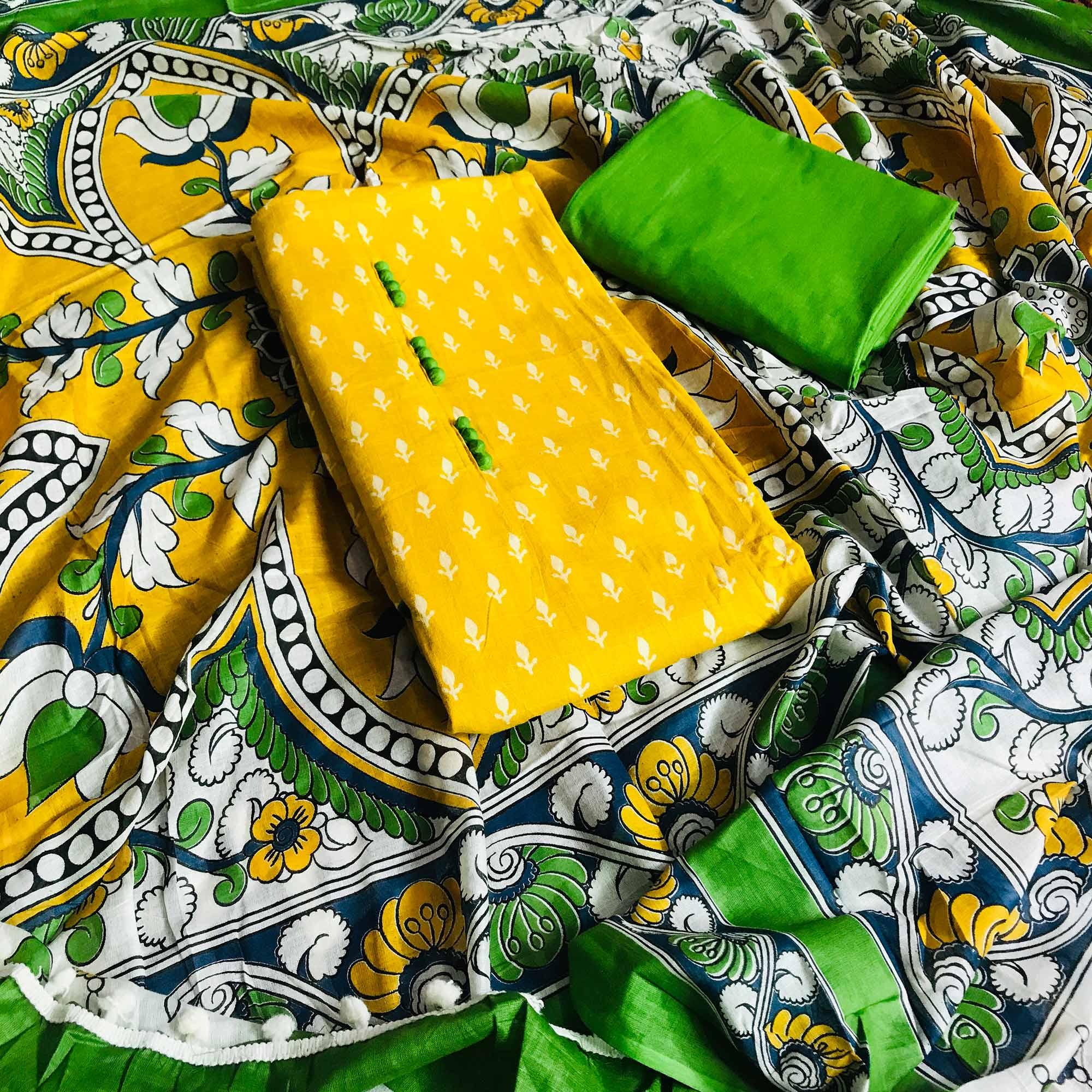 Yellow Casual Wear Printed Cotton Dress Material - Peachmode