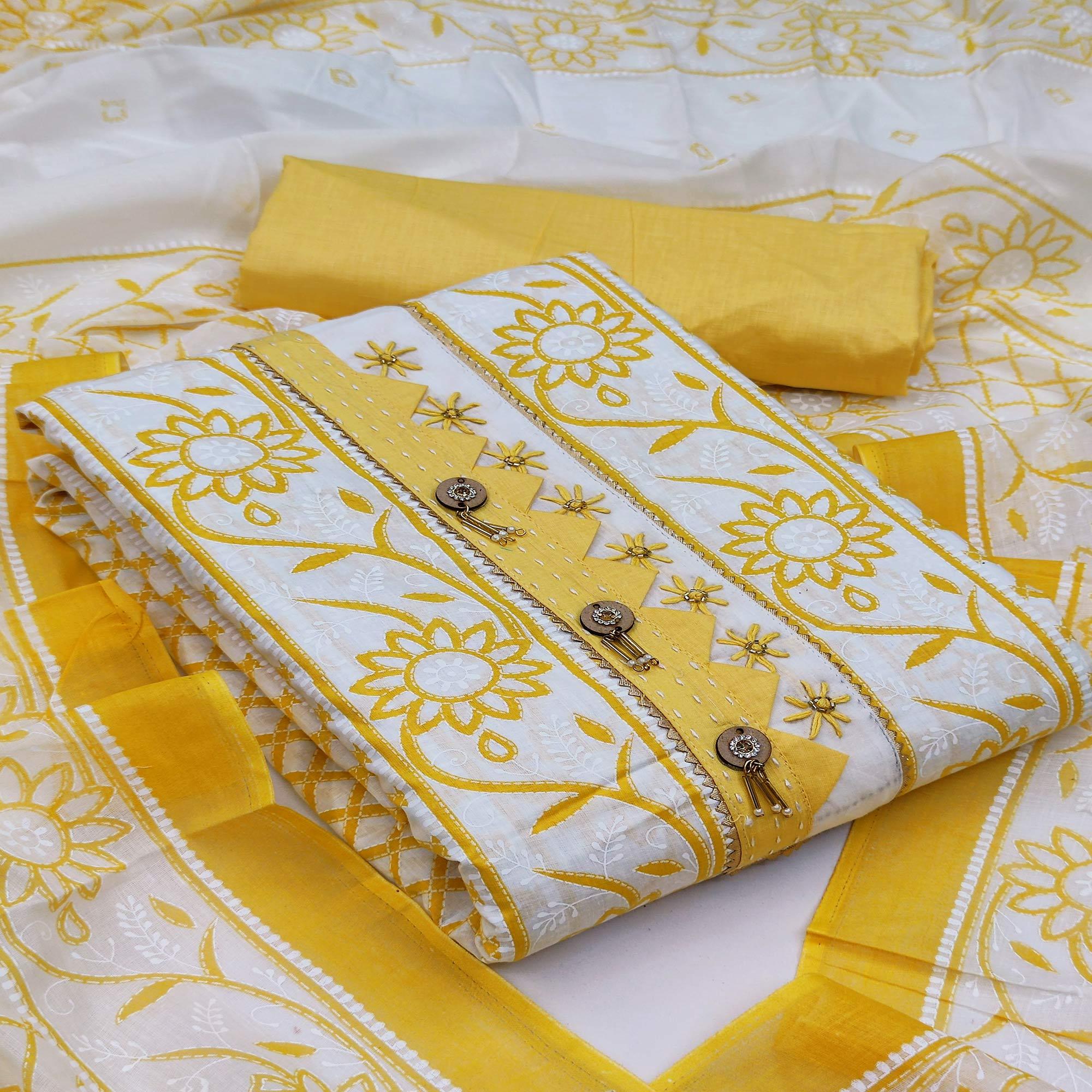 Yellow Casual Wear Printed Cotton Dress Material - Peachmode