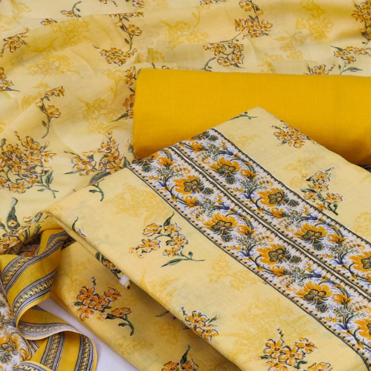 Yellow Casual Wear Printed Cotton Dress Material - Peachmode