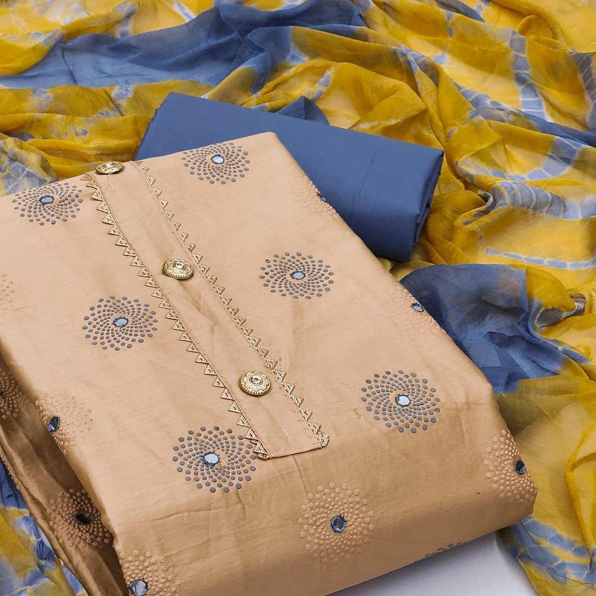 Yellow Casual Wear Printed Cotton Dress Material - Peachmode