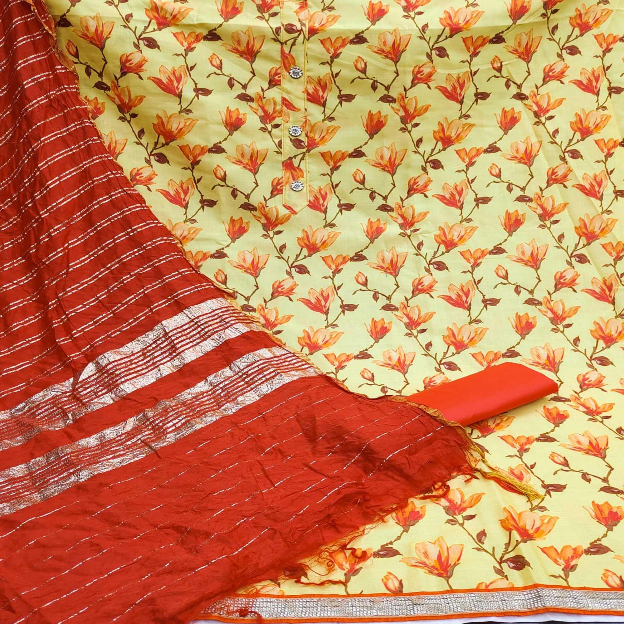 Yellow Casual Wear printed Cotton Dress Material - Peachmode