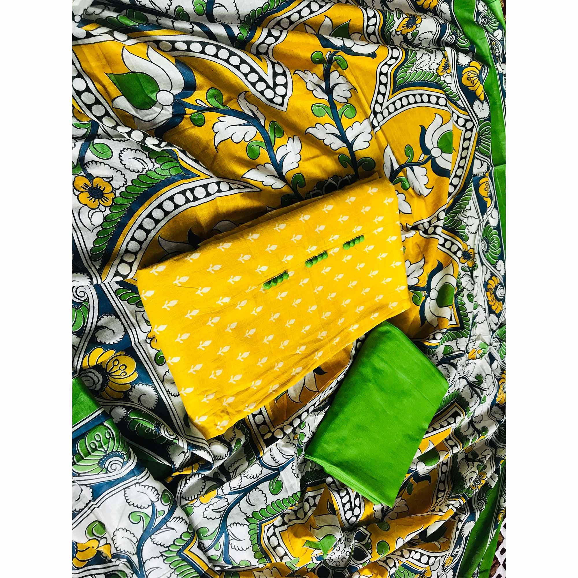 Yellow Casual Wear Printed Cotton Dress Material - Peachmode