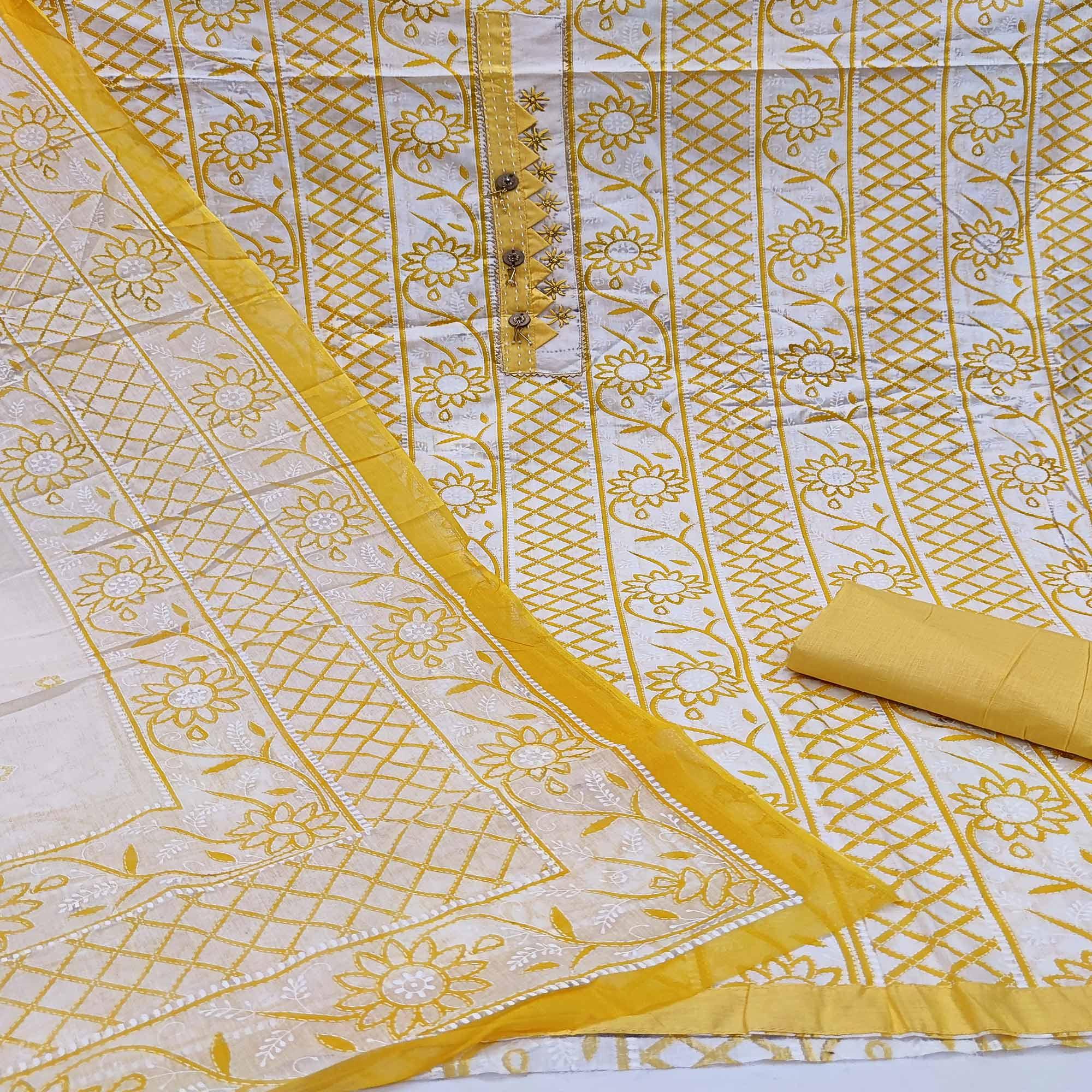 Yellow Casual Wear Printed Cotton Dress Material - Peachmode