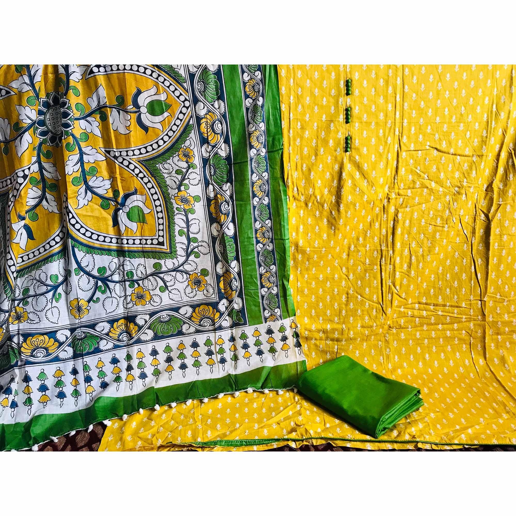 Yellow Casual Wear Printed Cotton Dress Material - Peachmode