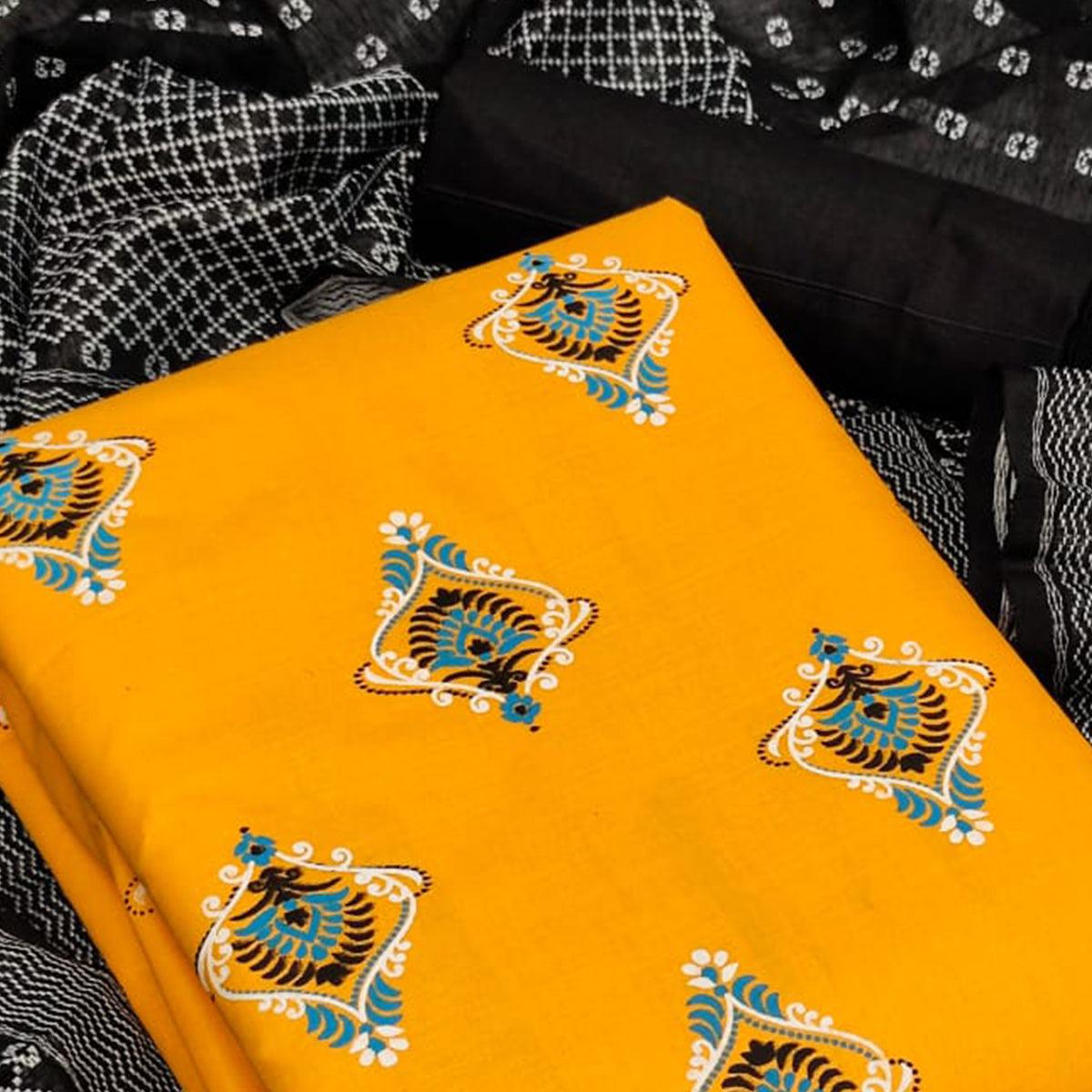 Yellow Casual Wear Printed Cotton Dress Material - Peachmode