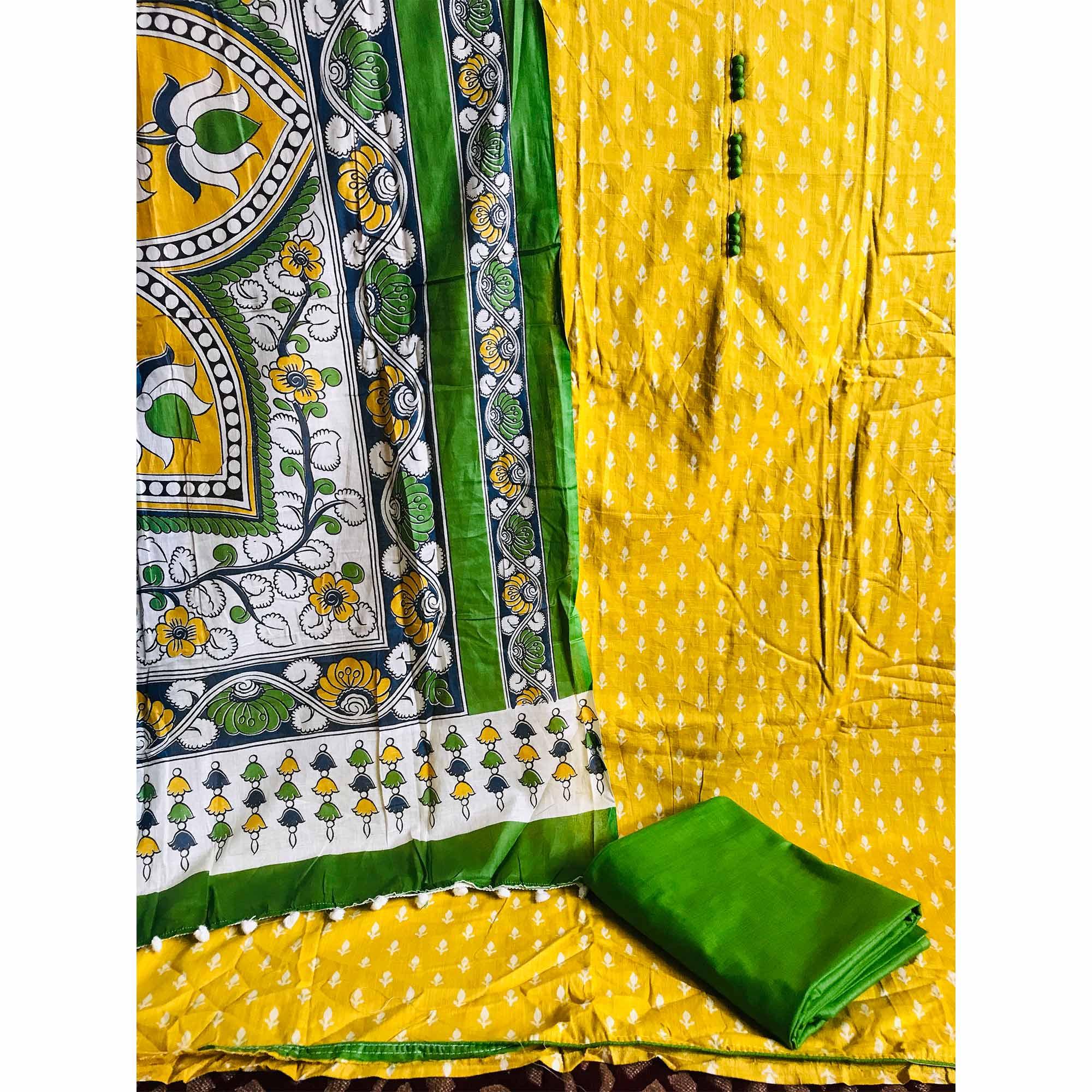 Yellow Casual Wear Printed Cotton Dress Material - Peachmode