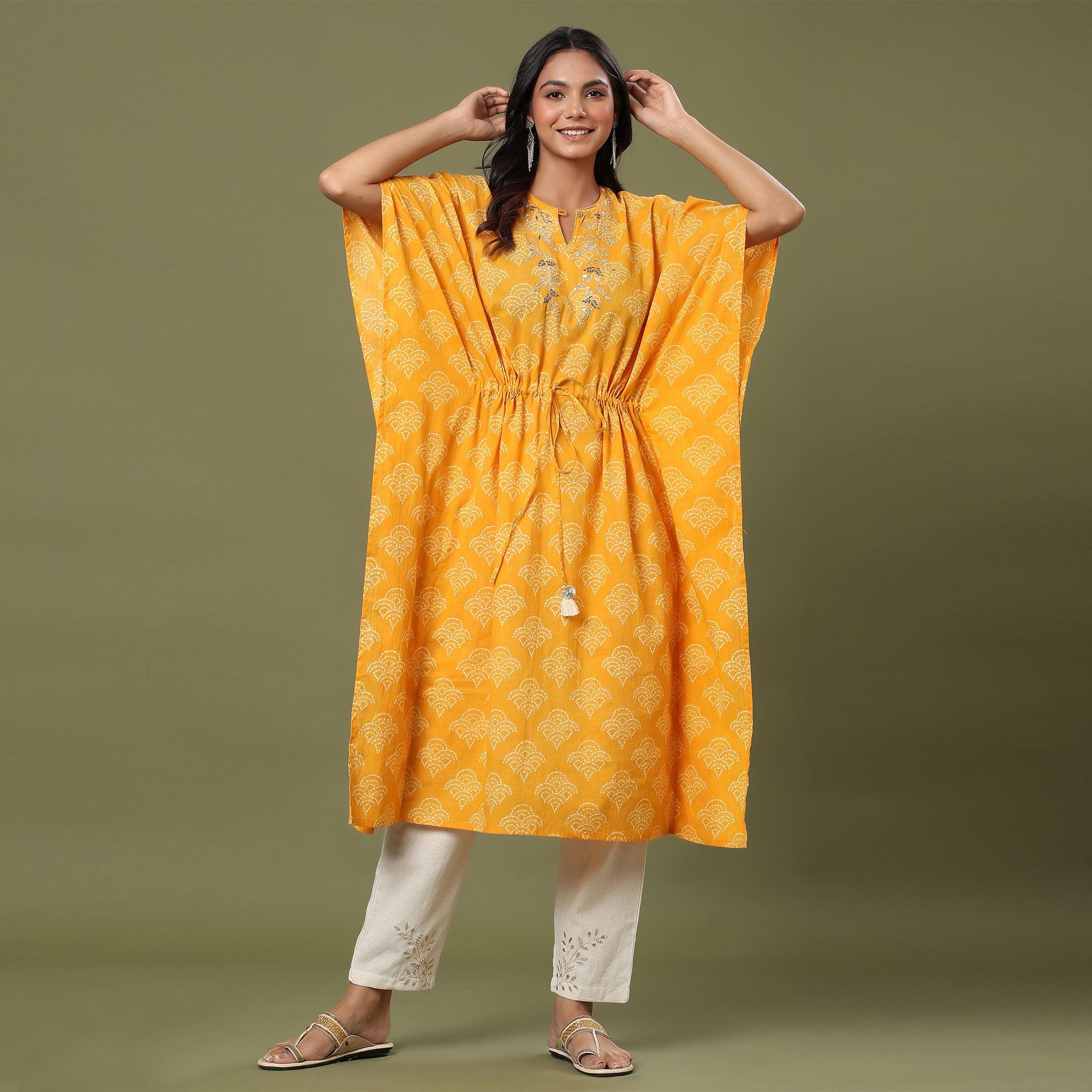 Yellow Casual Wear Printed Cotton Kaftan - Pant Set - Peachmode