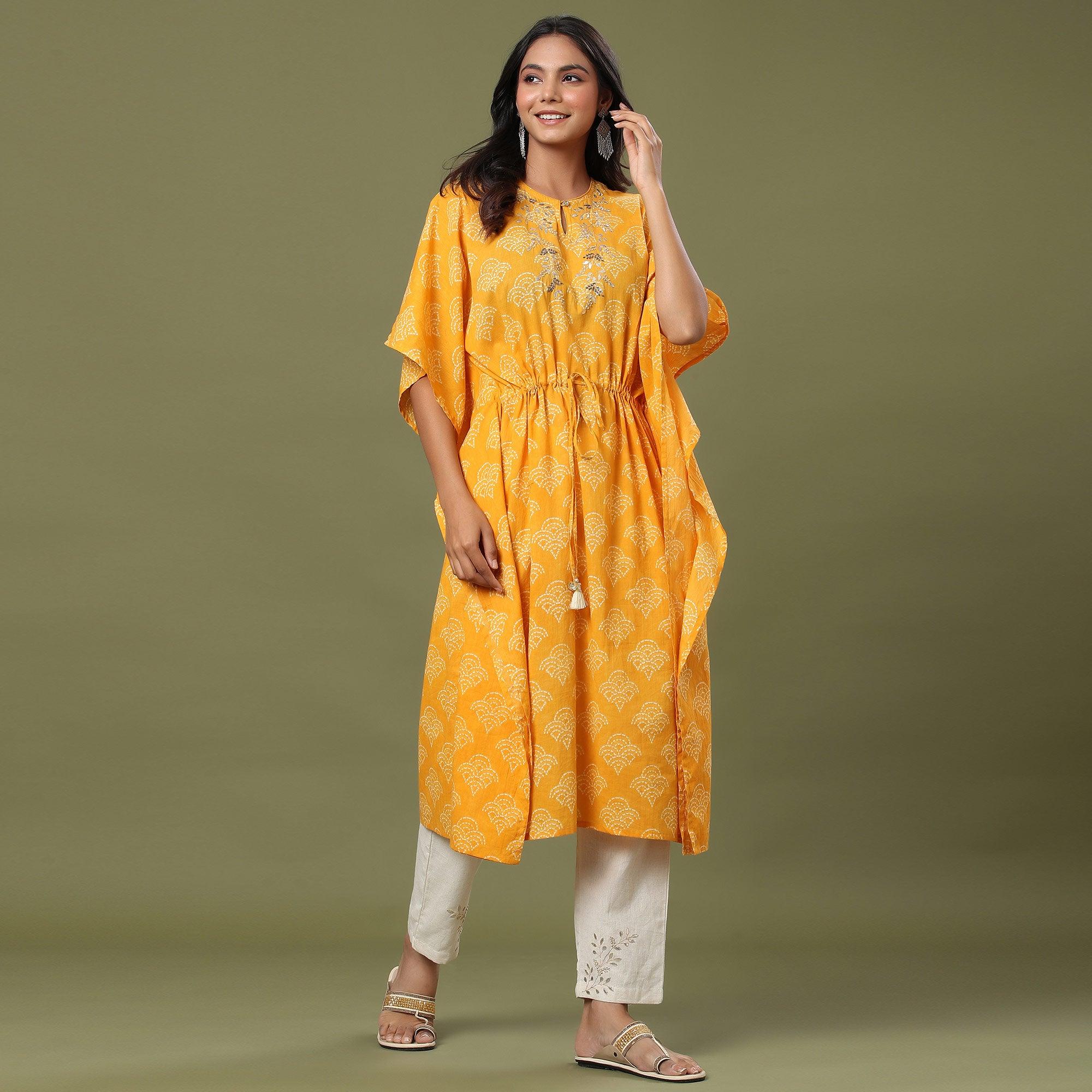 Yellow Casual Wear Printed Cotton Kaftan - Pant Set - Peachmode