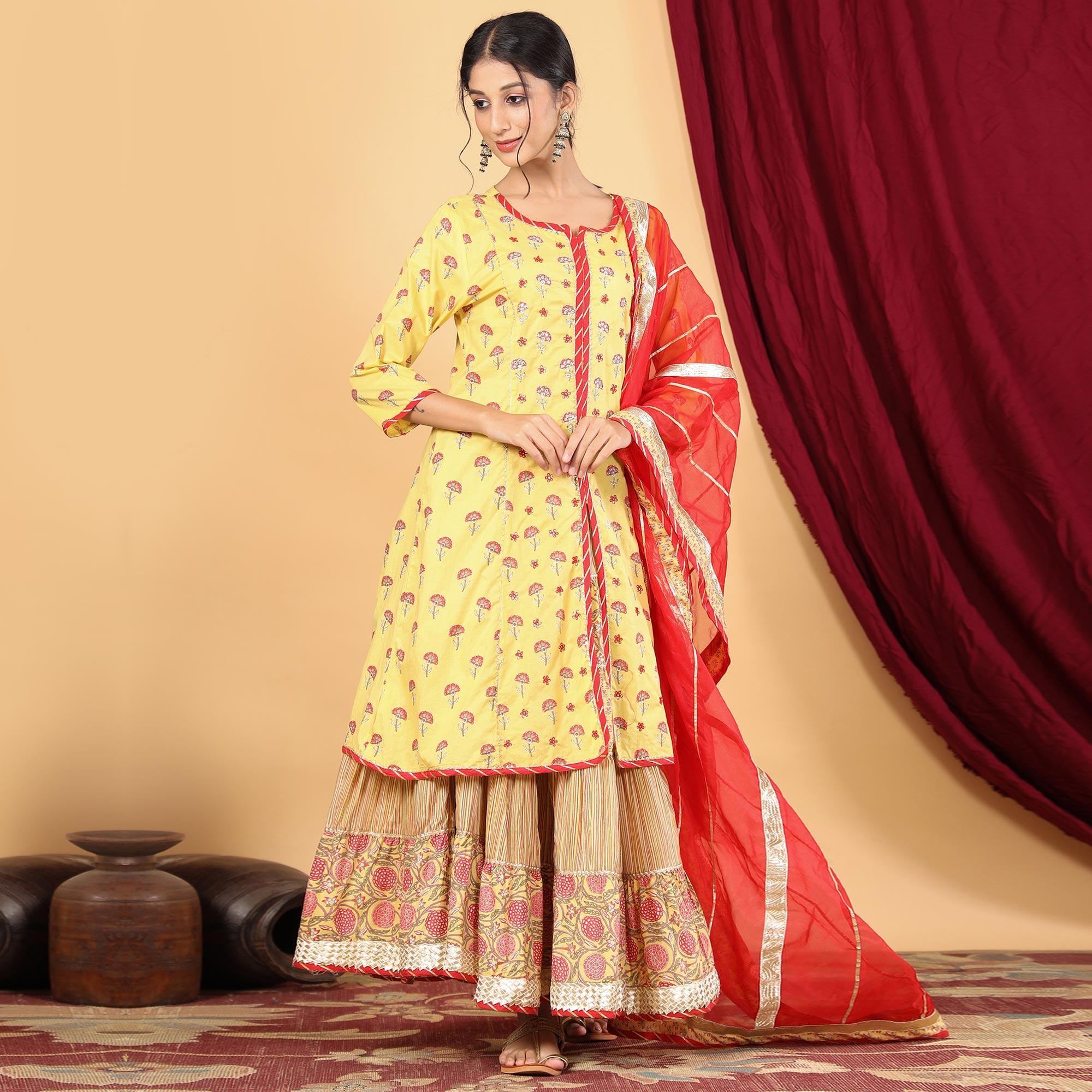 Yellow Casual Wear Printed Cotton Palazzo Suit - Peachmode