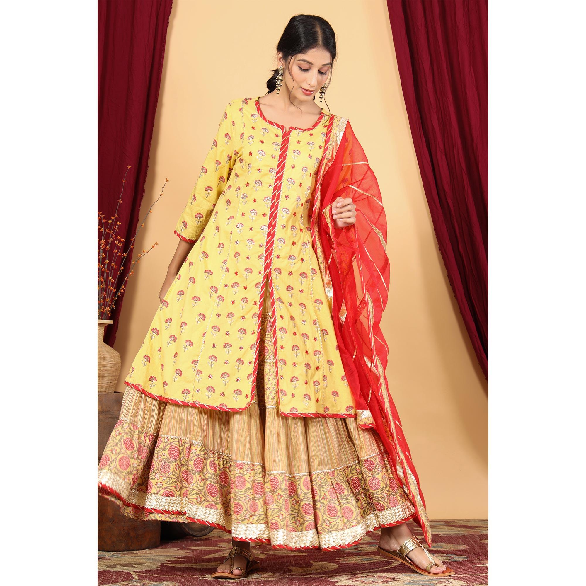 Yellow Casual Wear Printed Cotton Palazzo Suit - Peachmode