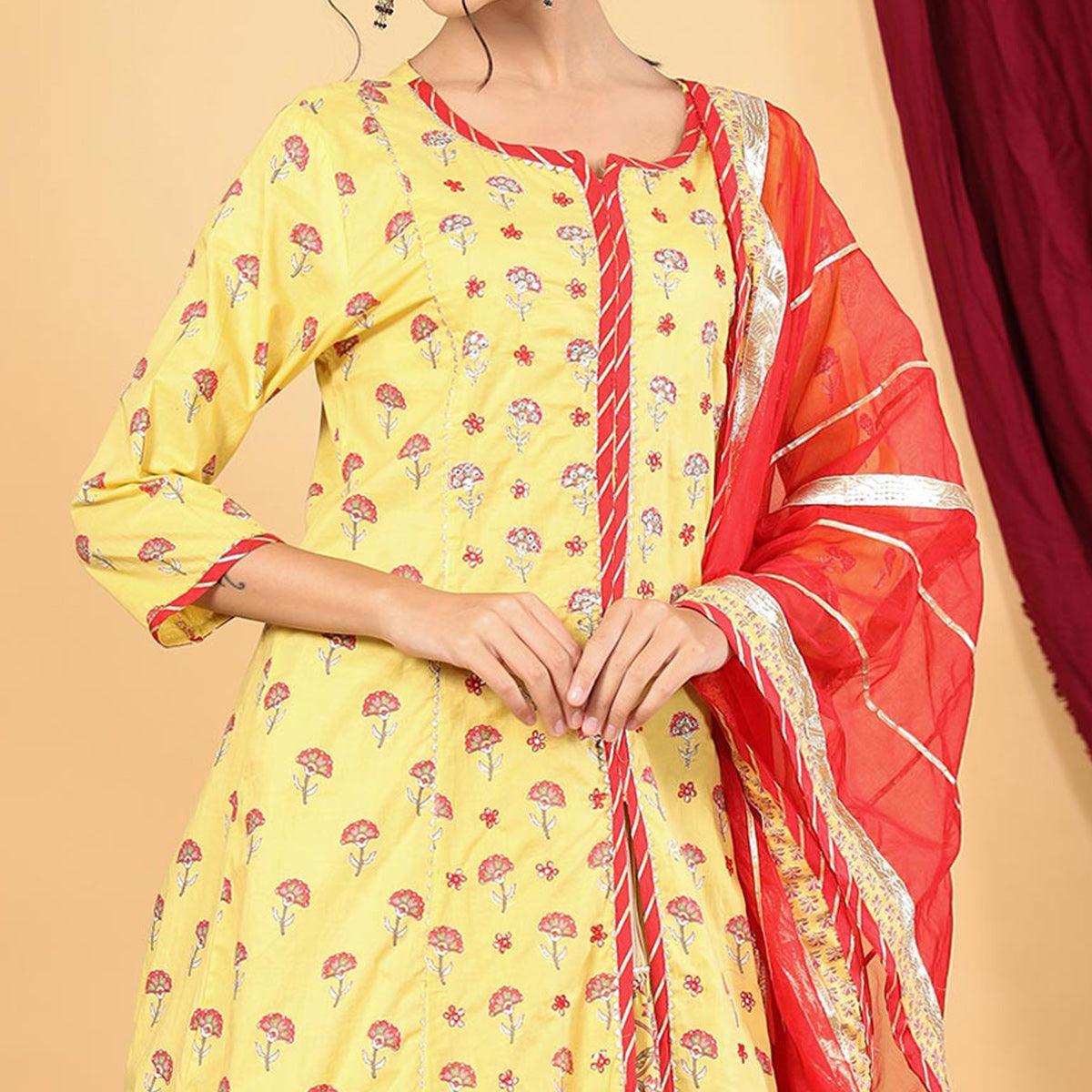 Yellow Casual Wear Printed Cotton Palazzo Suit - Peachmode