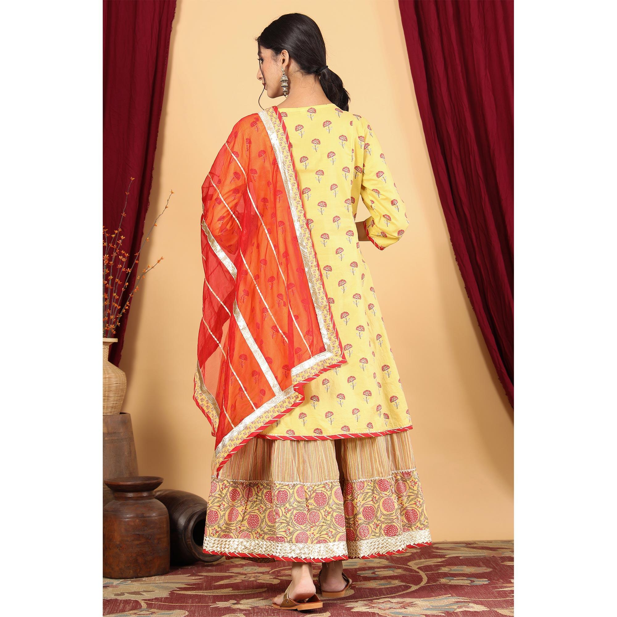 Yellow Casual Wear Printed Cotton Palazzo Suit - Peachmode