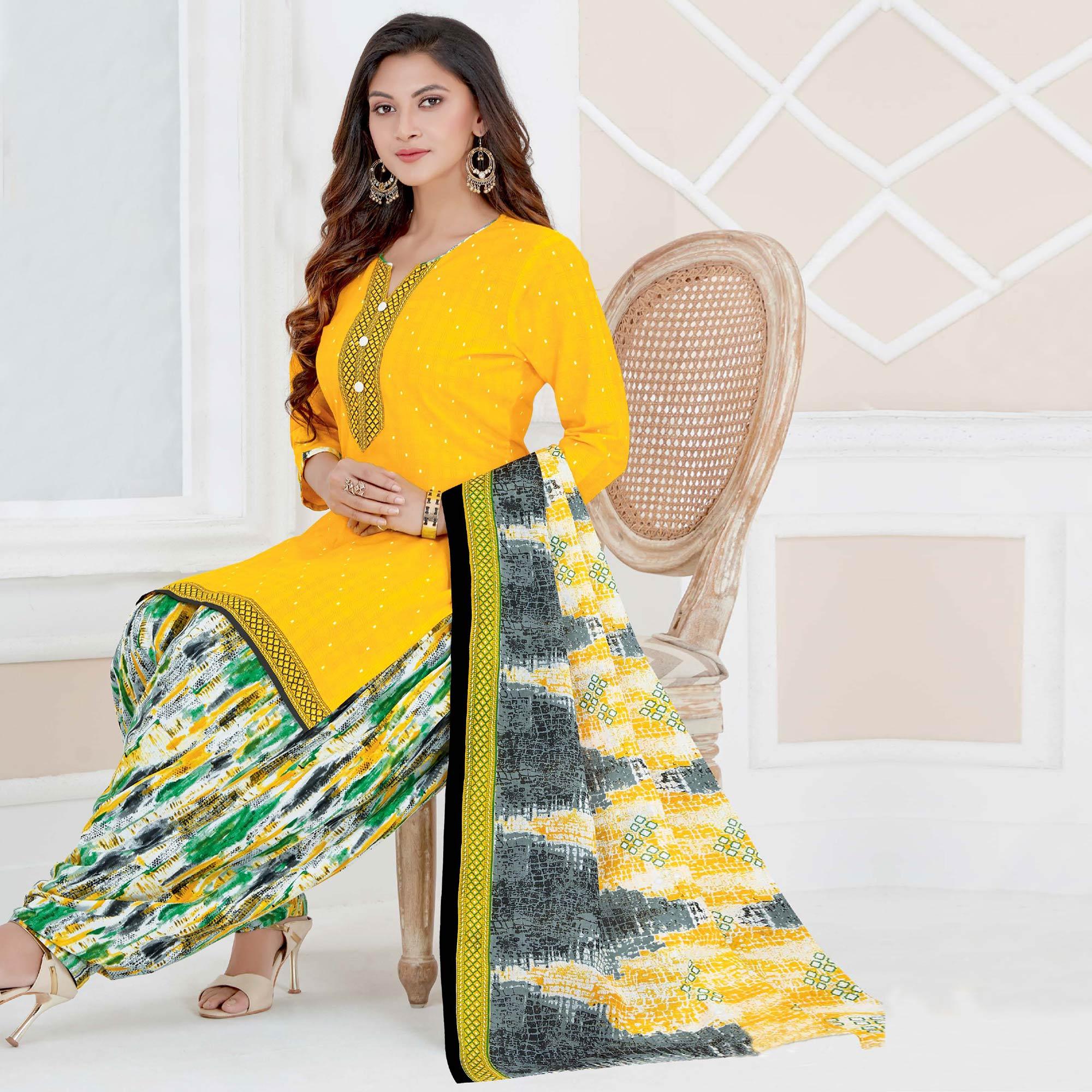 Yellow Casual Wear Printed Cotton Patiala Dress Material - Peachmode