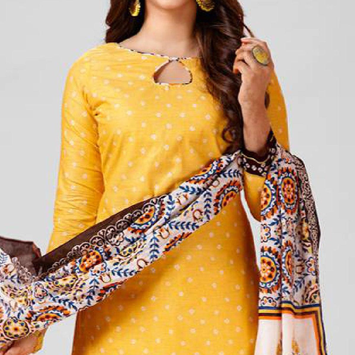 Yellow Casual Wear Printed Cotton Patiala Dress Material - Peachmode