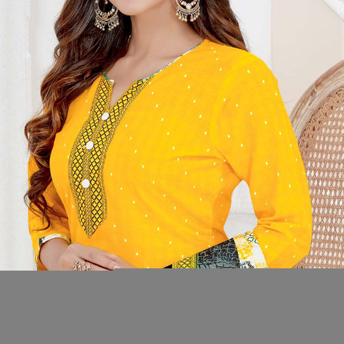 Yellow Casual Wear Printed Cotton Patiala Dress Material - Peachmode