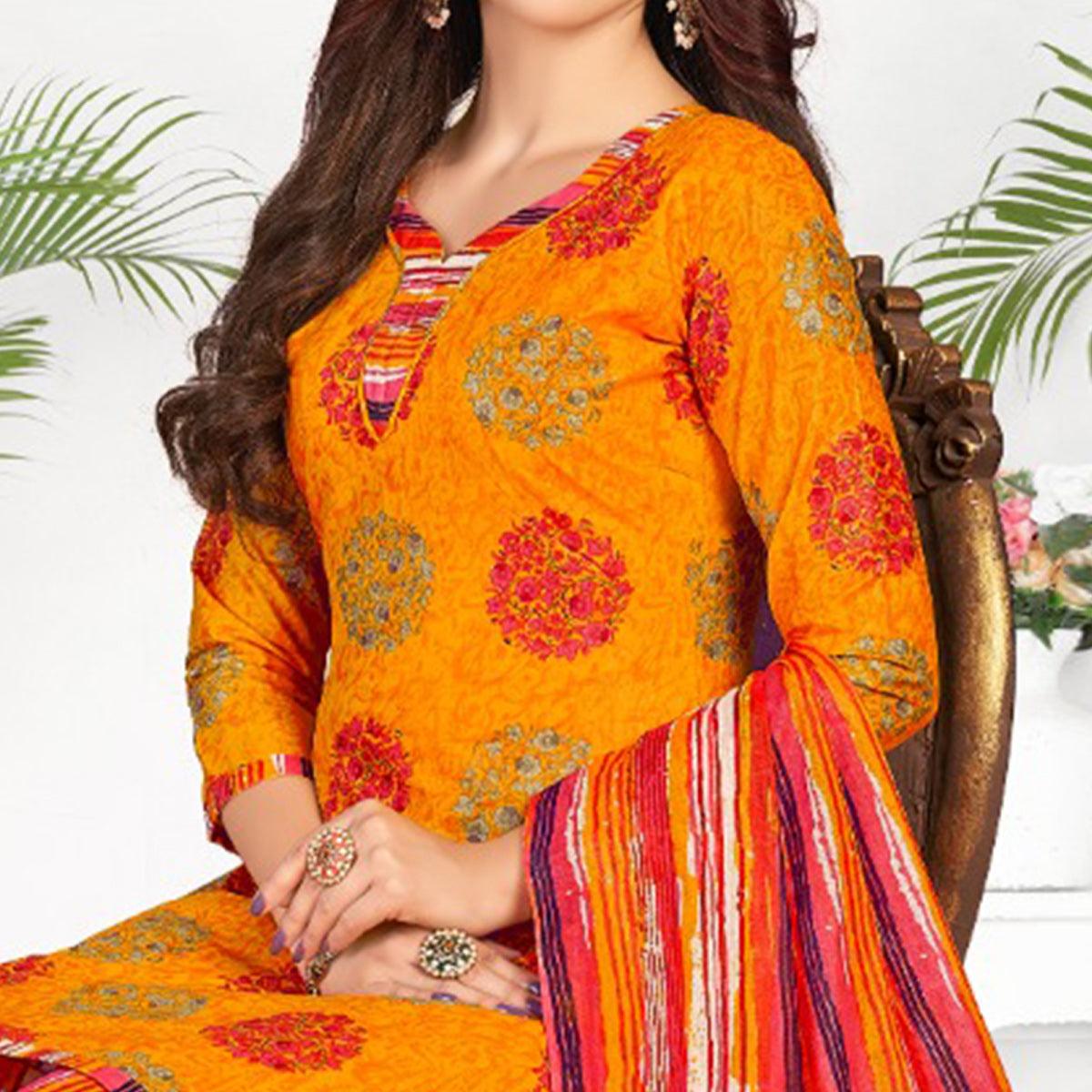Yellow Casual Wear Printed Cotton Patiala Dress Material - Peachmode