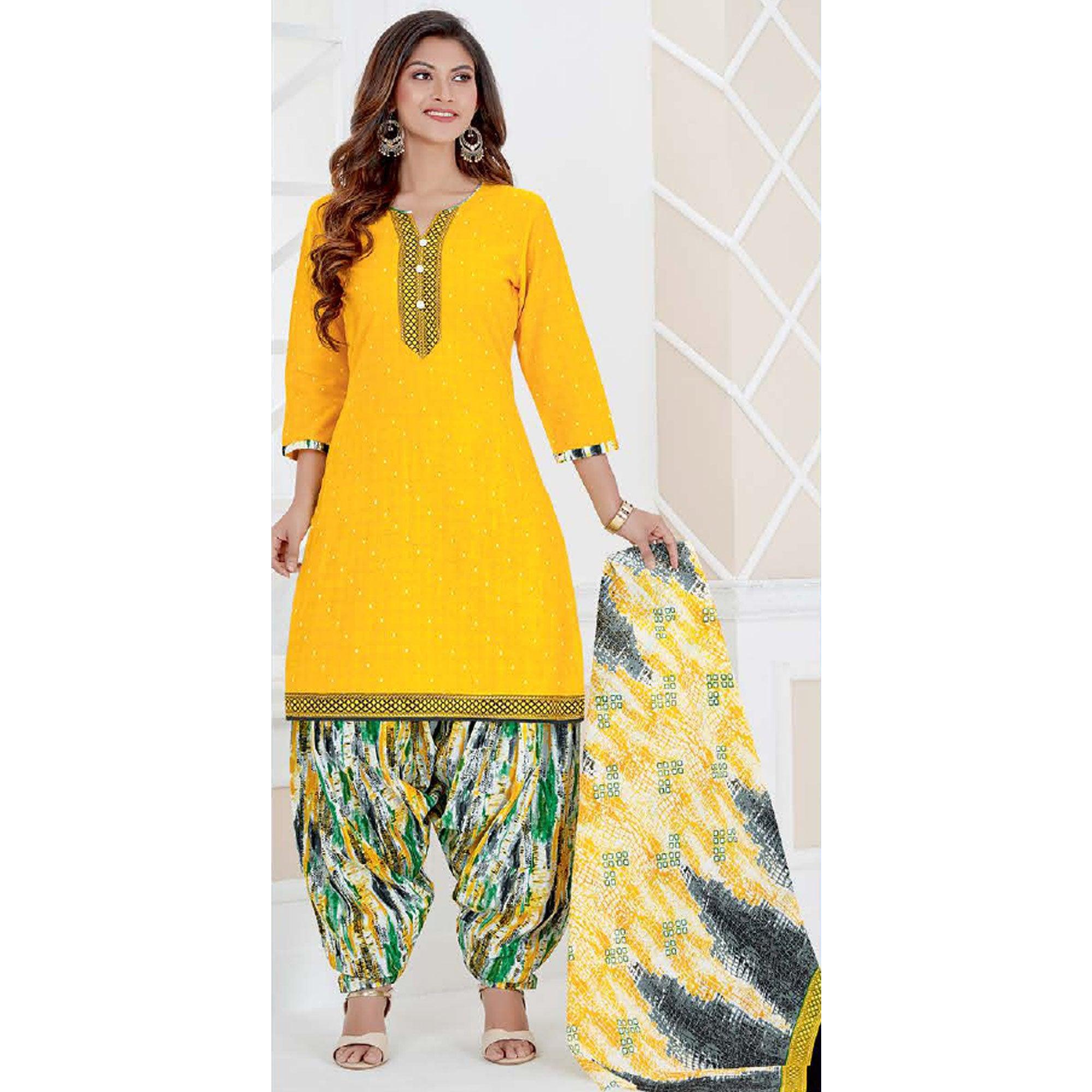 Yellow Casual Wear Printed Cotton Patiala Dress Material - Peachmode