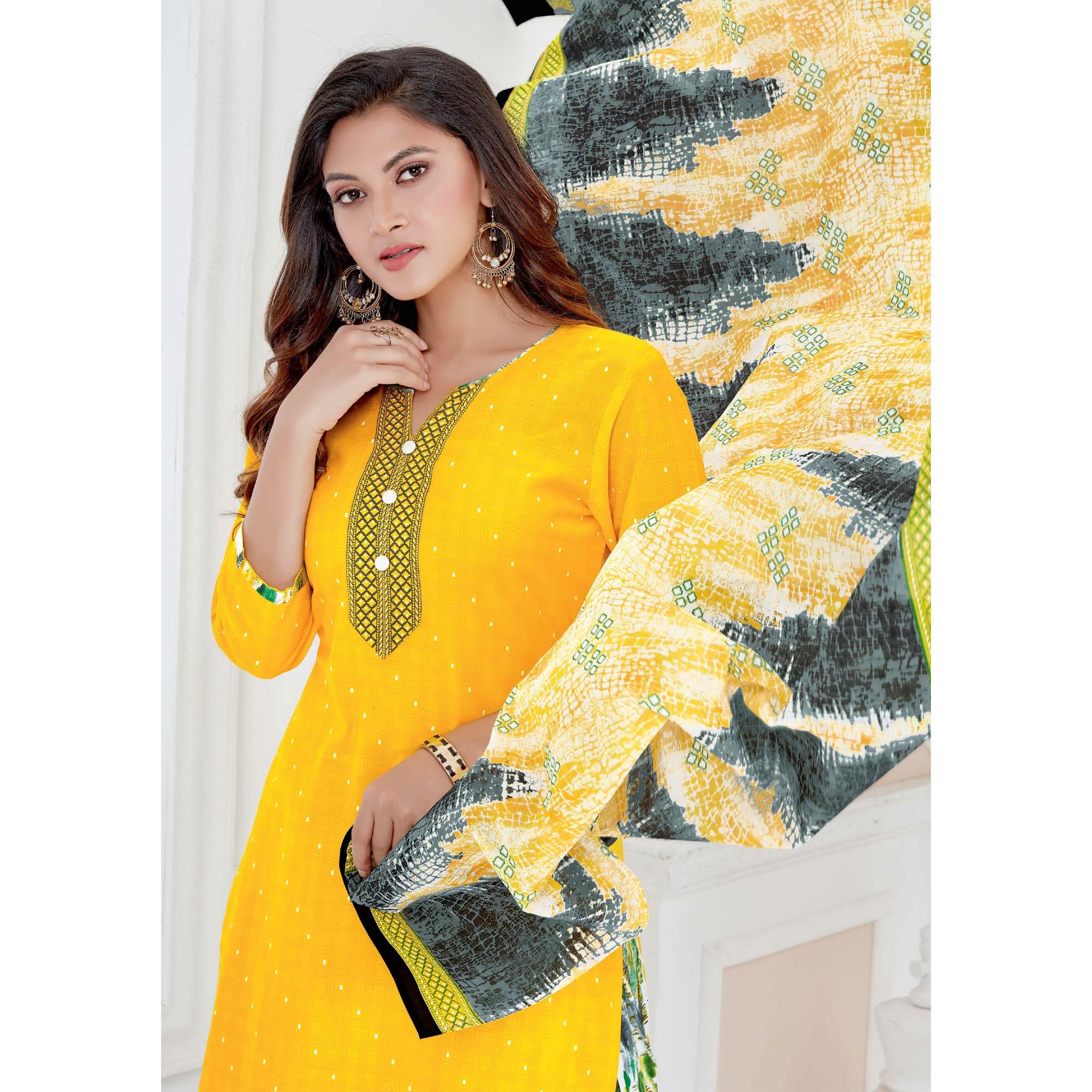 Yellow Casual Wear Printed Cotton Patiala Dress Material - Peachmode