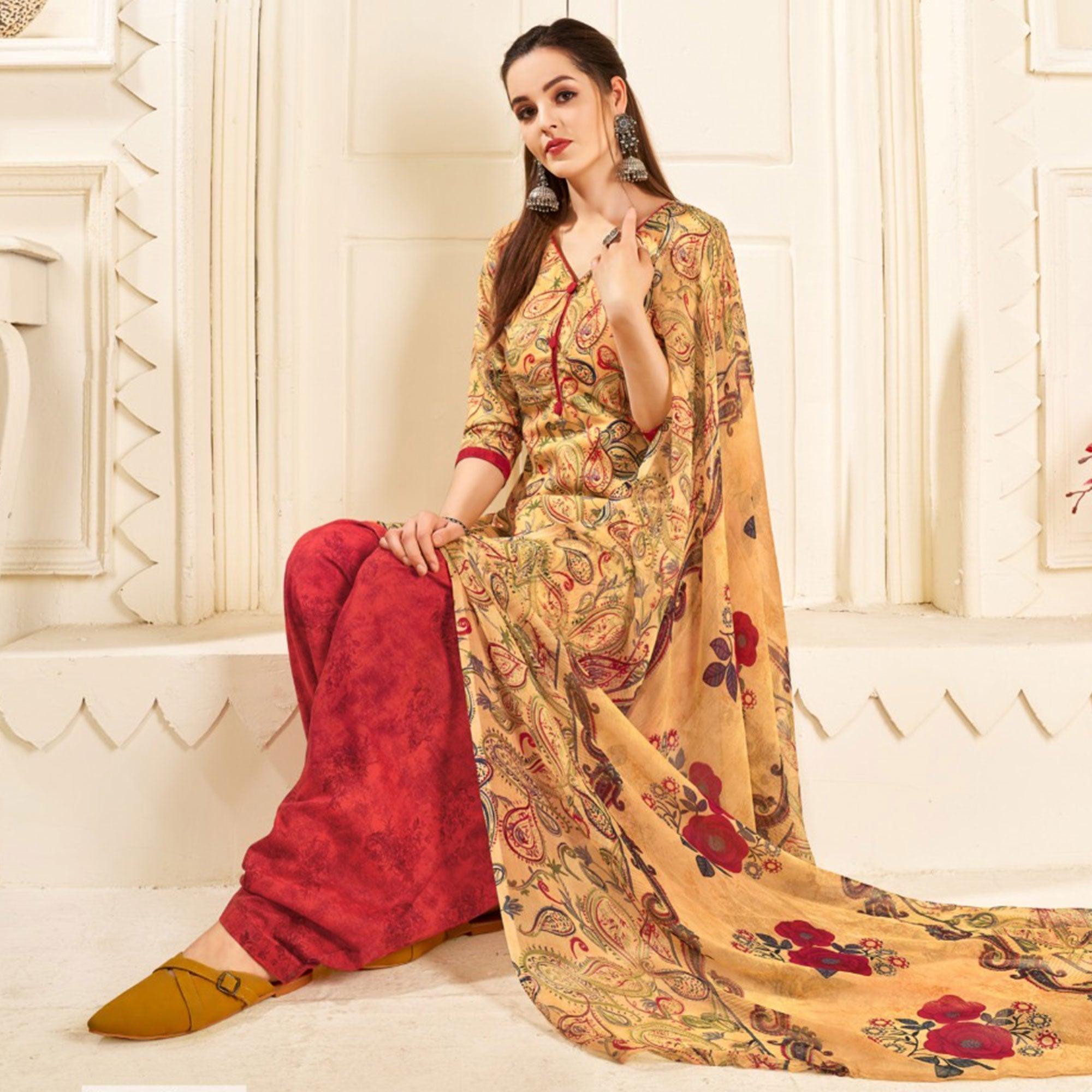 Yellow Casual Wear Printed Cotton Patiala Suit - Peachmode