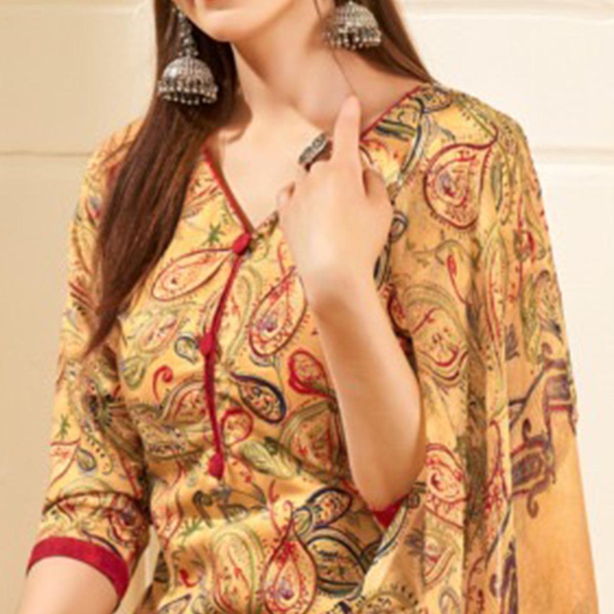 Yellow Casual Wear Printed Cotton Patiala Suit - Peachmode