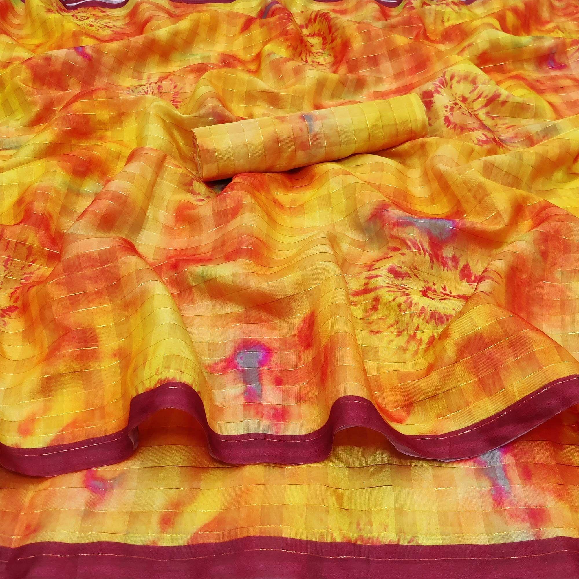 Yellow Casual Wear Printed Cotton Silk Saree - Peachmode